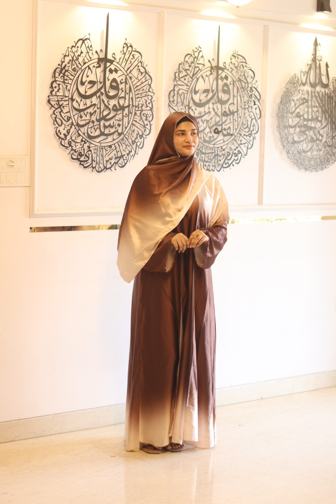 Brown ombre abaya with matching hijab (with attached Inner Slit & Hijab)