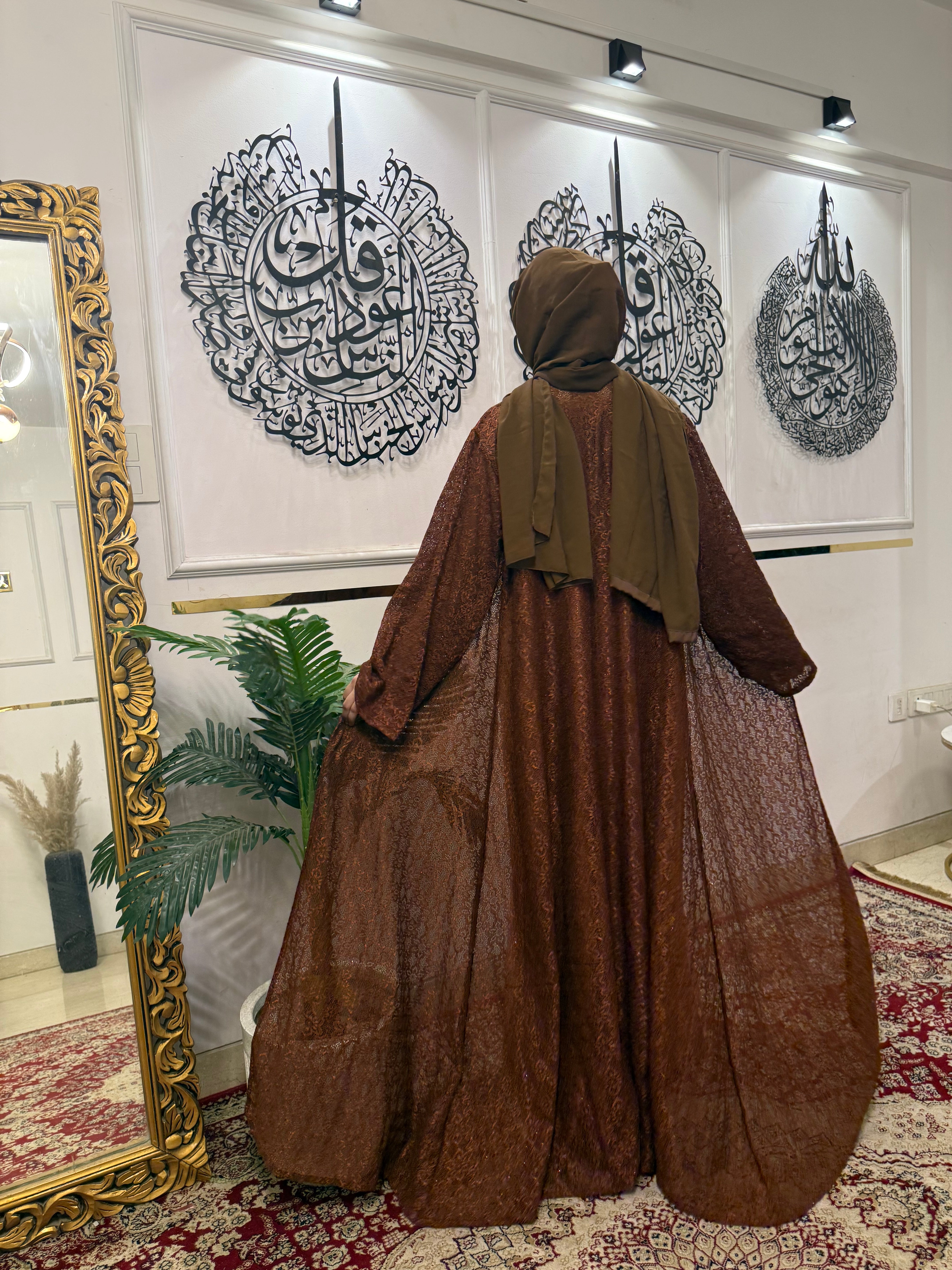 Brown dreamy lace shrug Inner slit and hijab not included – Earthy Brown