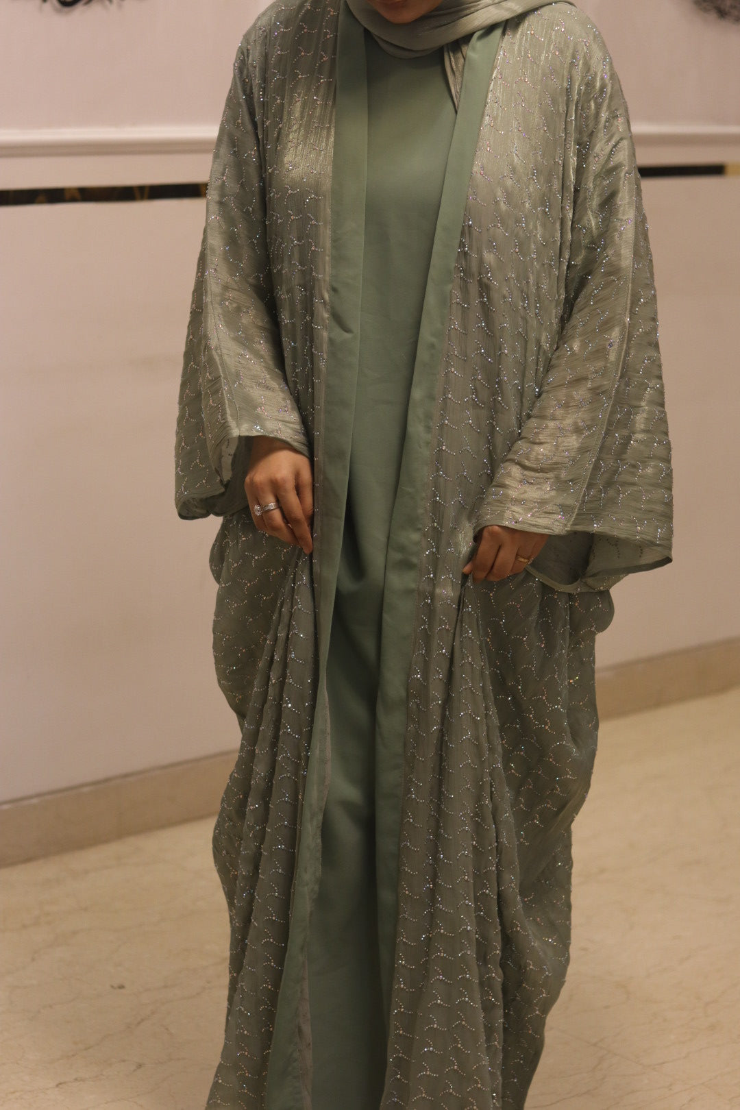 Pistachio tissue abaya set - with inner slit & matching organza hijab