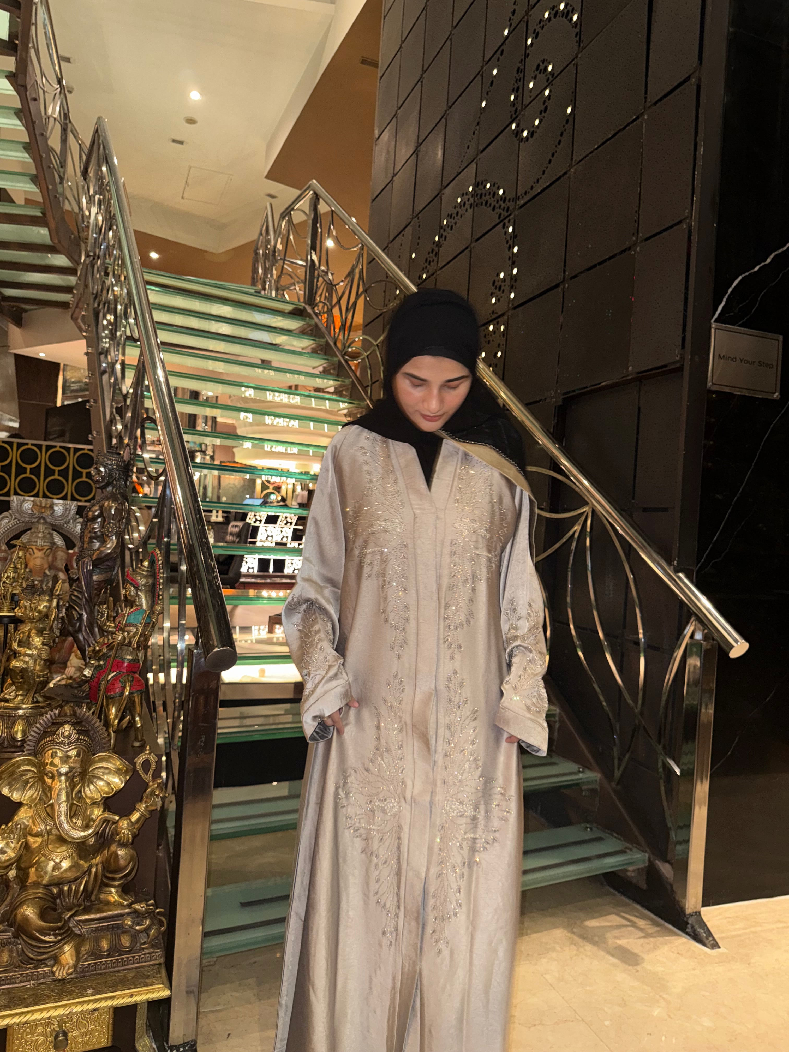 Luxe beige Rhinestone Abaya - (With hijab)