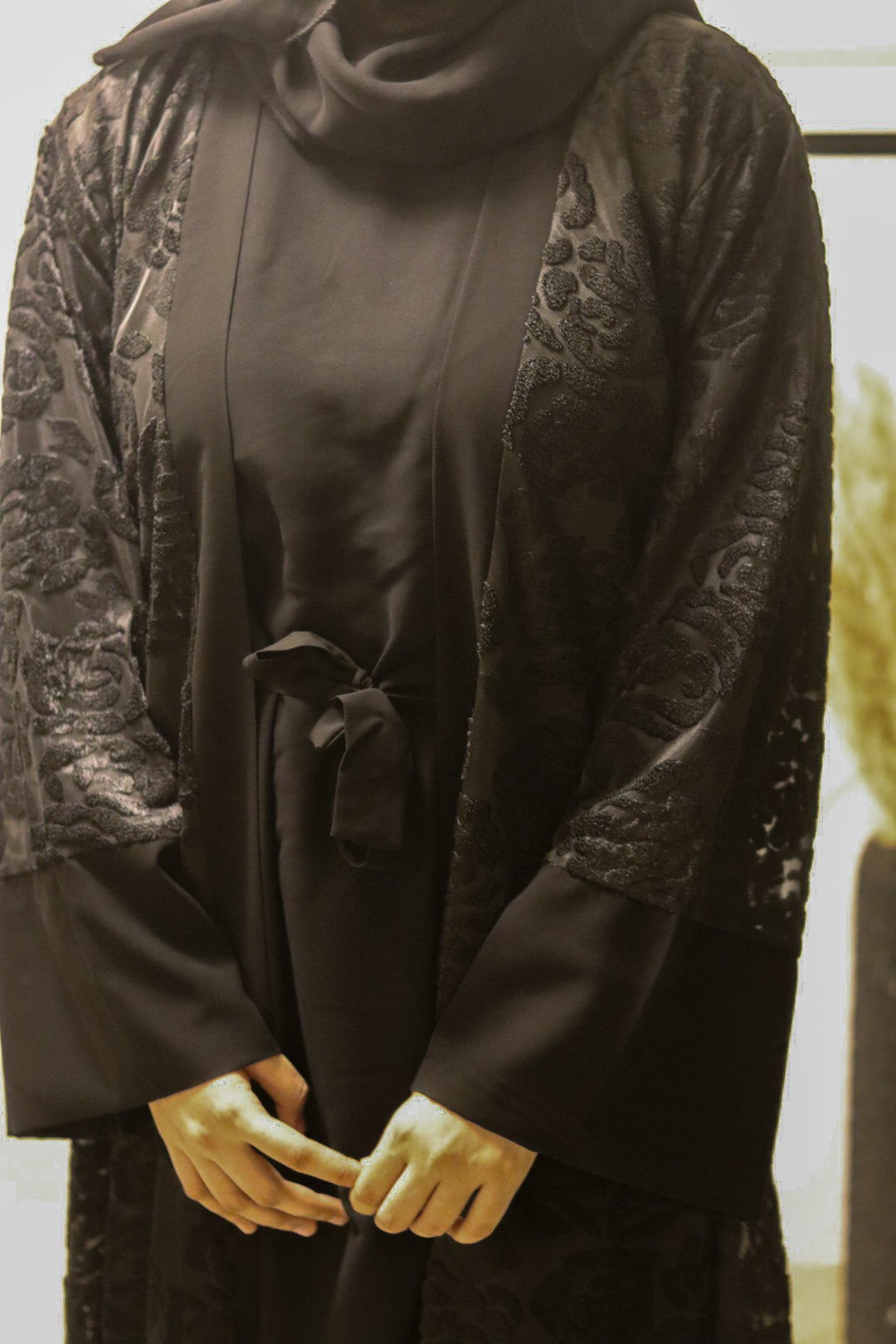 Black Net Abaya with inner slit & matching hijab- 3 pc set