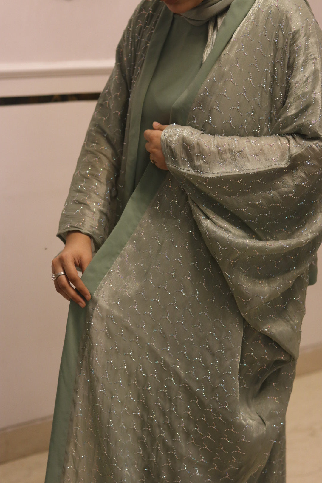 Pistachio tissue abaya set - with inner slit & matching organza hijab