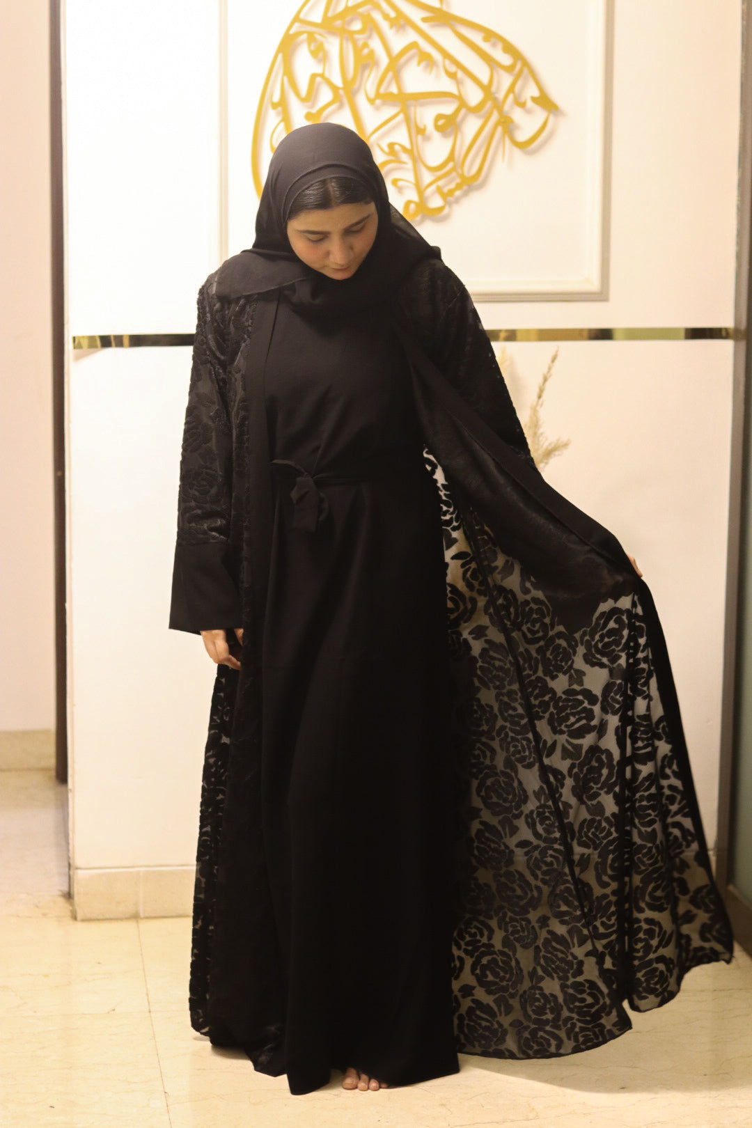 Black Net Abaya with inner slit & matching hijab- 3 pc set