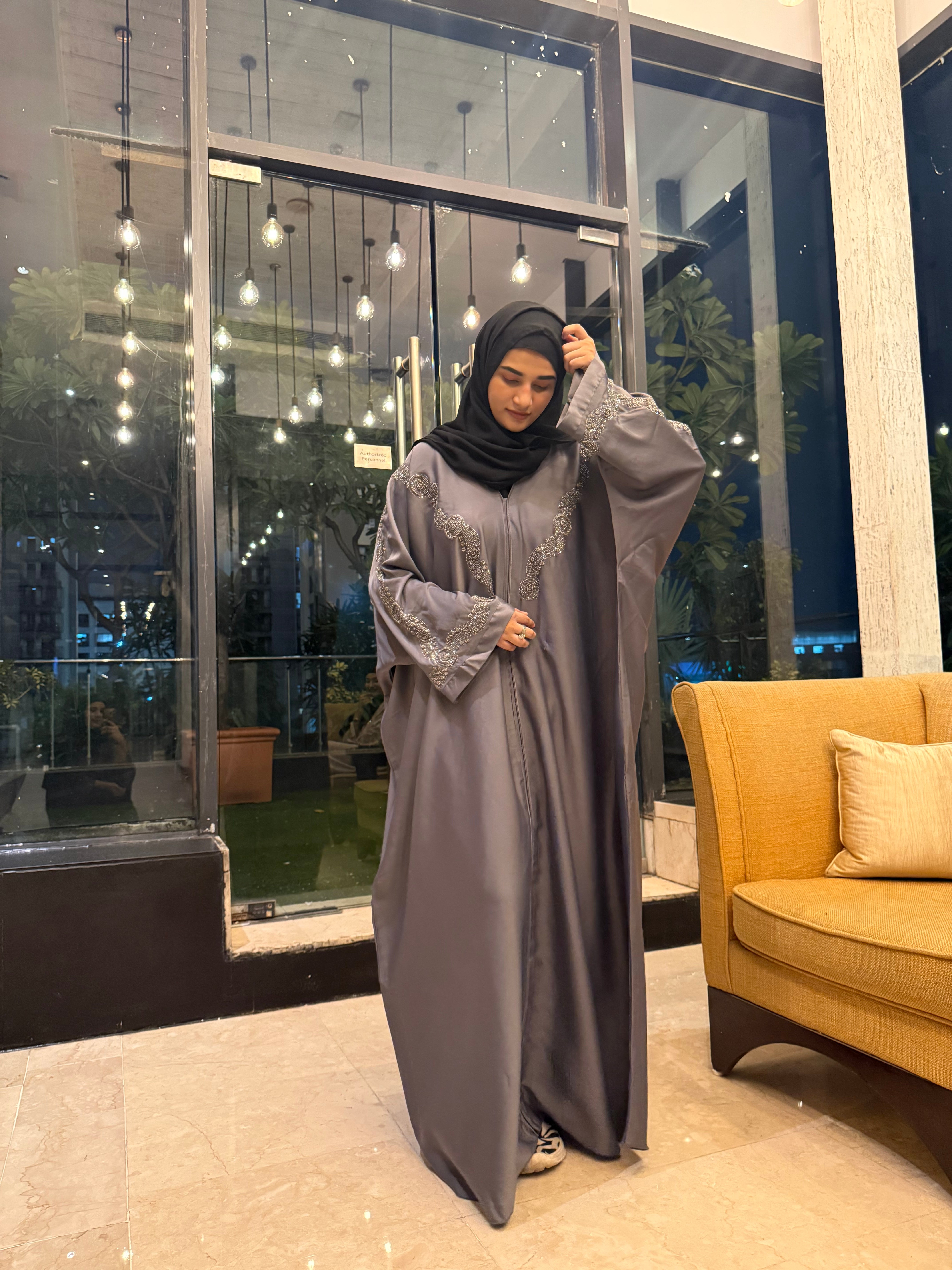 Aliza Handwork abaya -grey (with Hijab)