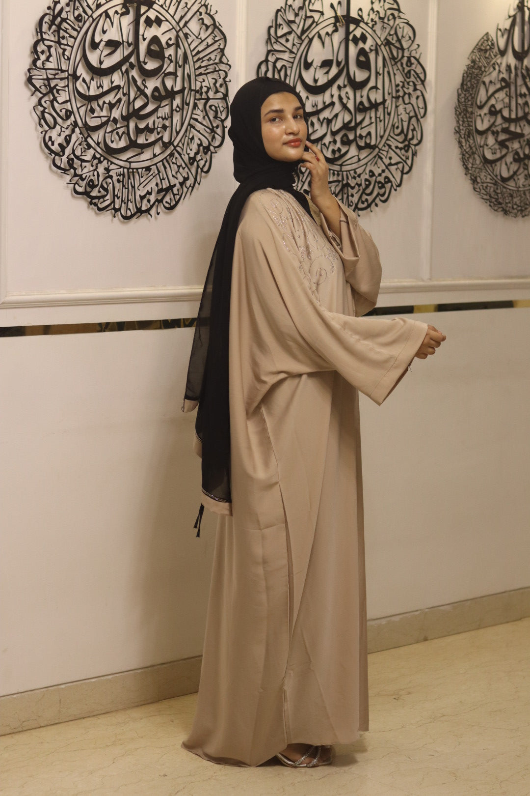 Sand-star kaftan abaya- beige with hijab