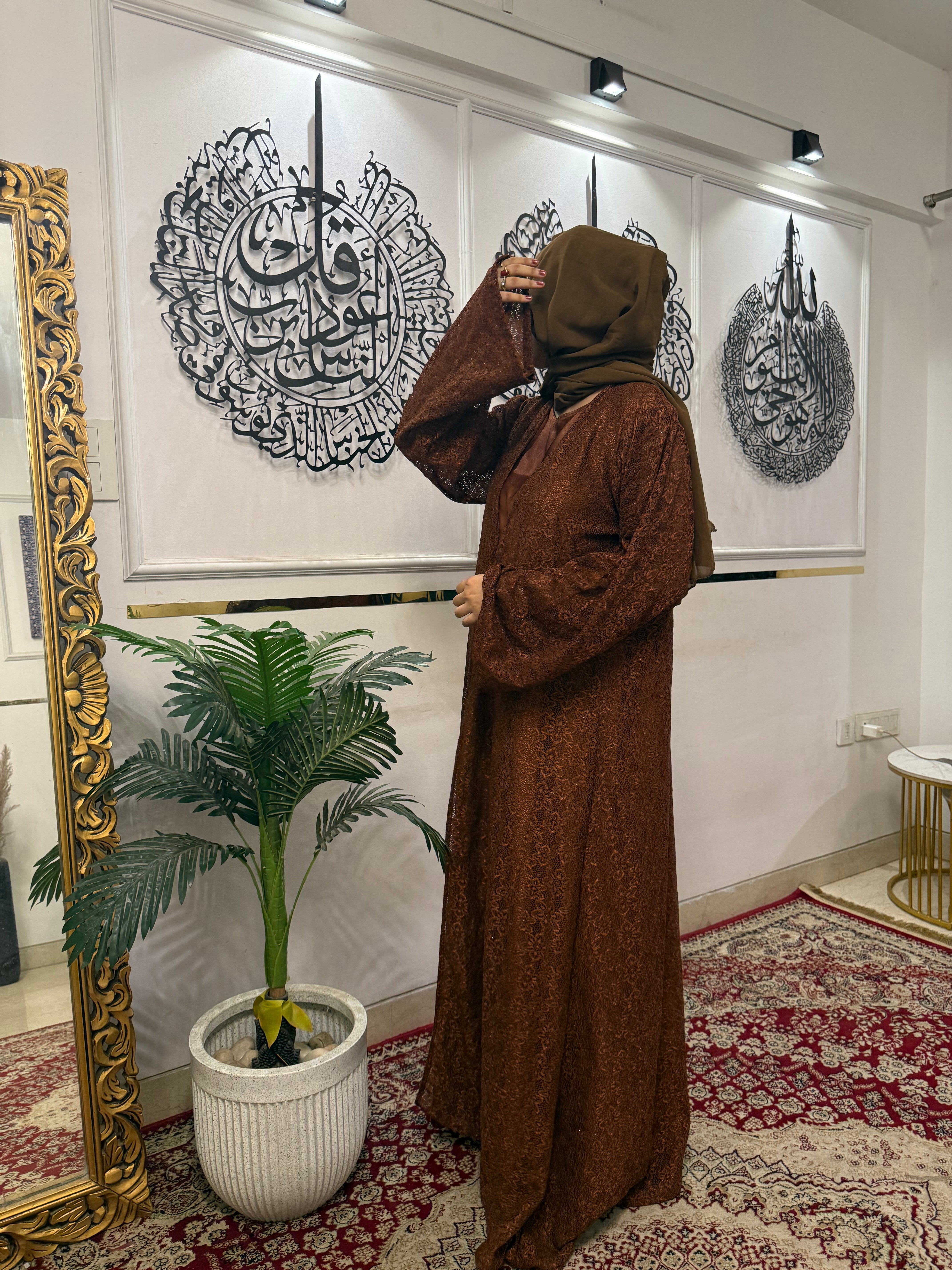 Brown dreamy lace shrug Inner slit and hijab not included – Earthy Brown