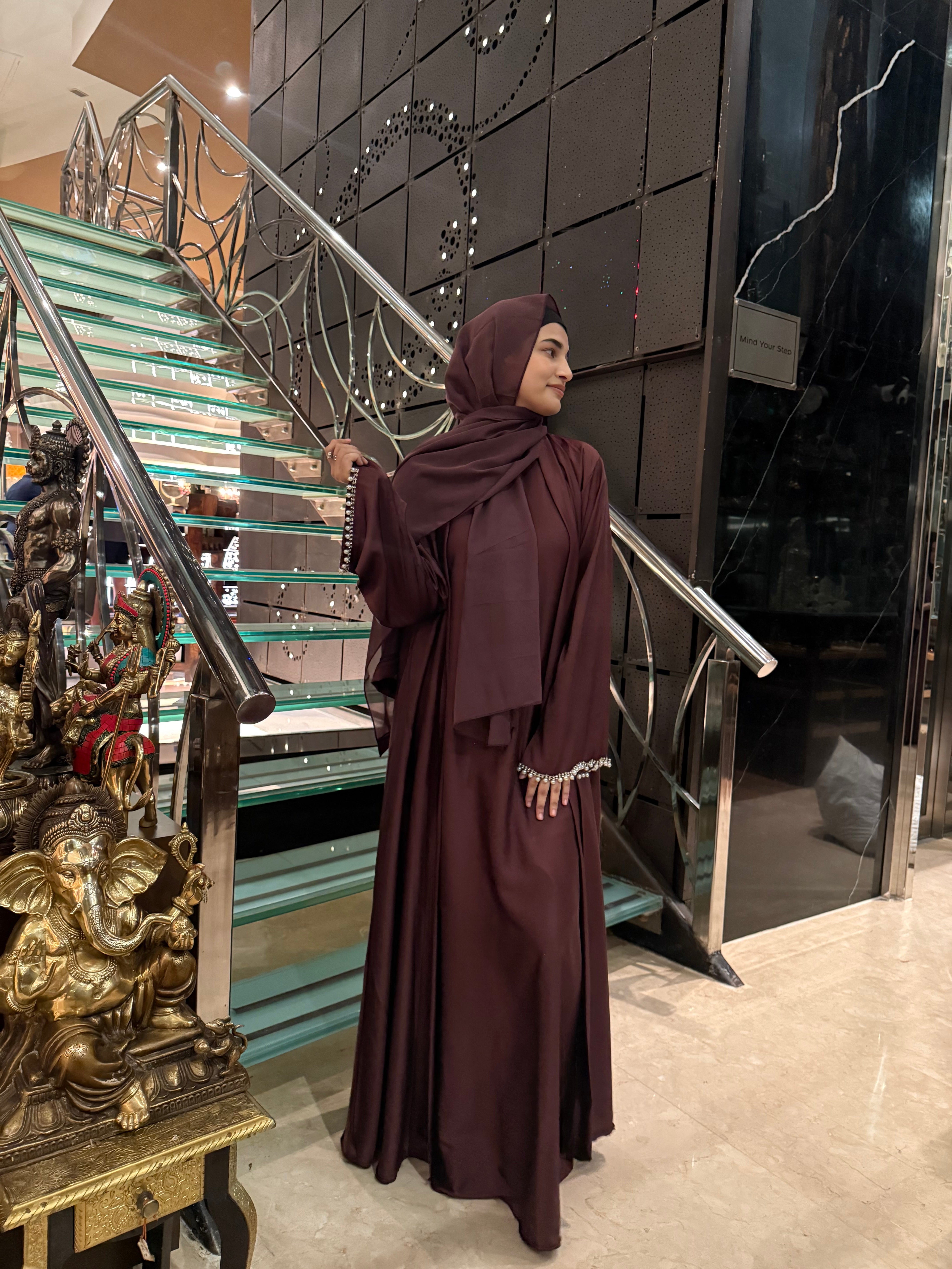 Satin pearl Premium abaya Full Set -burgundy (with Inner Slit & Hijab)