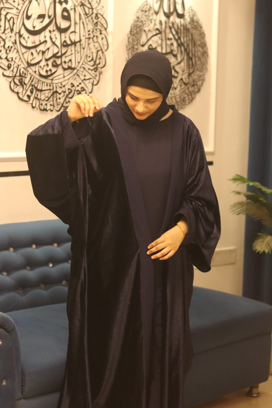 Velvet shrug Abaya Premium -Blue (with Inner Slit)