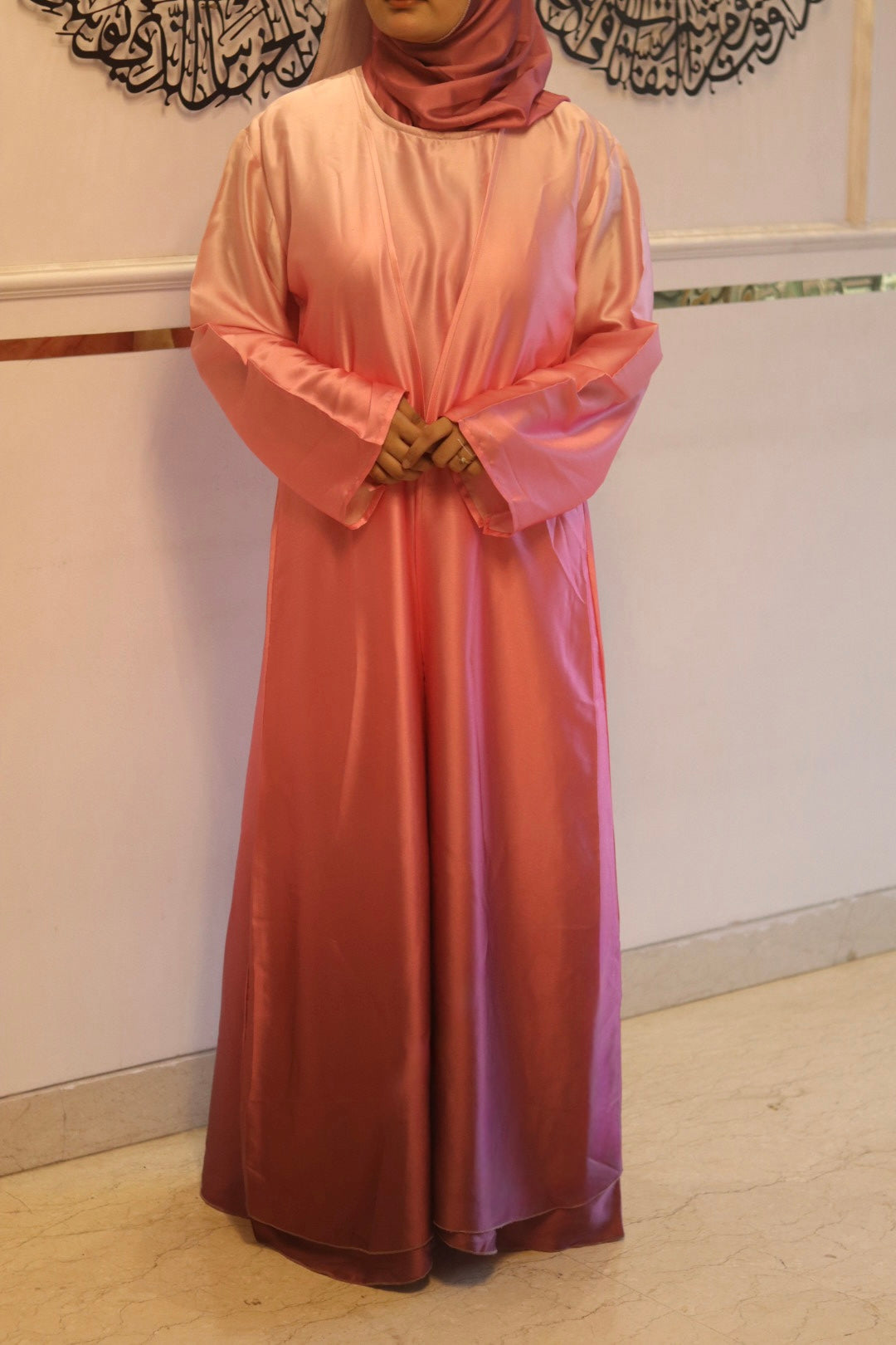 Pink Ombre Abaya with matching hijab (with attached Inner Slit & Hijab)