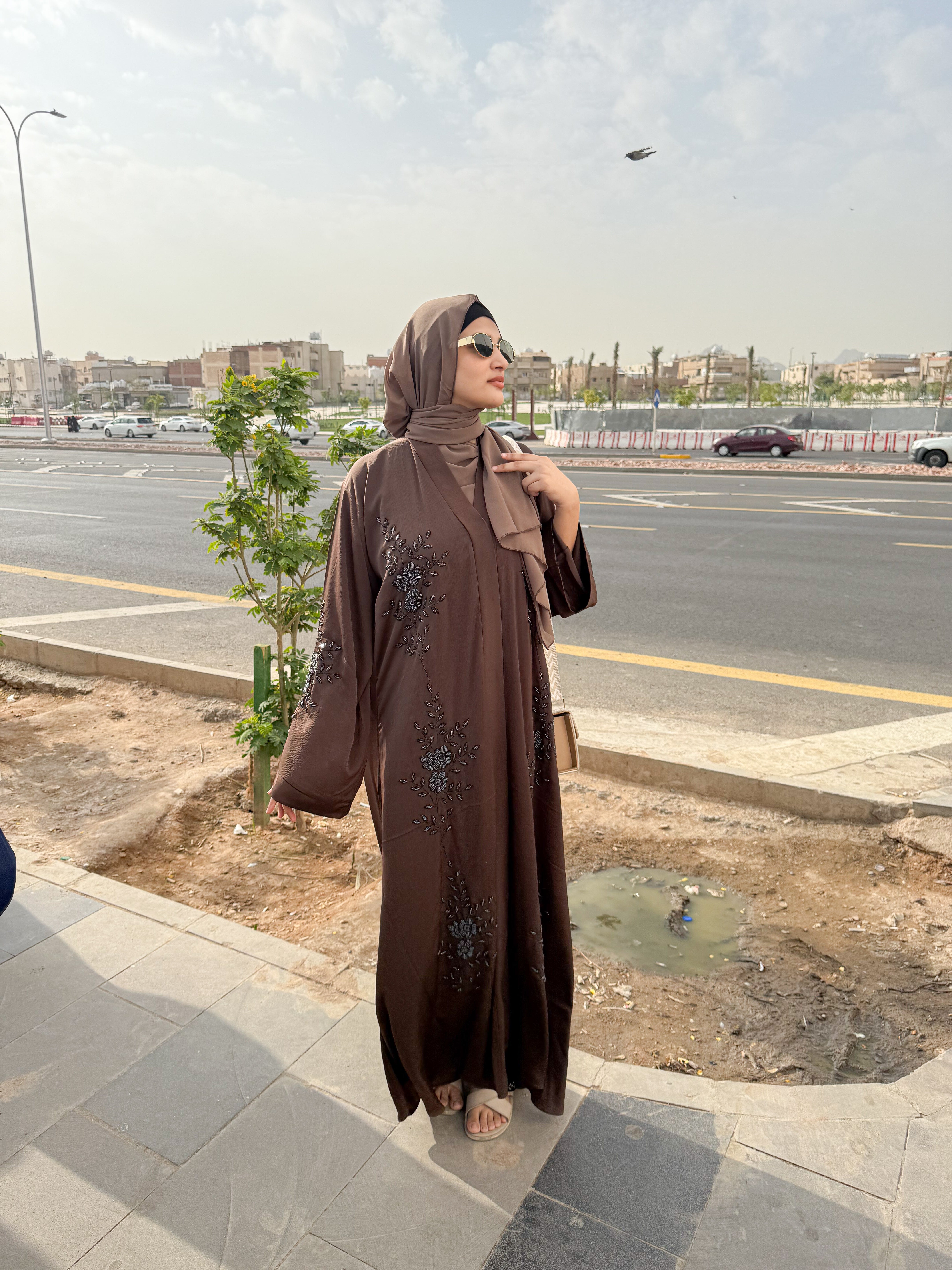 Diyah Diamond Handwork Abaya- brown (with hijab)