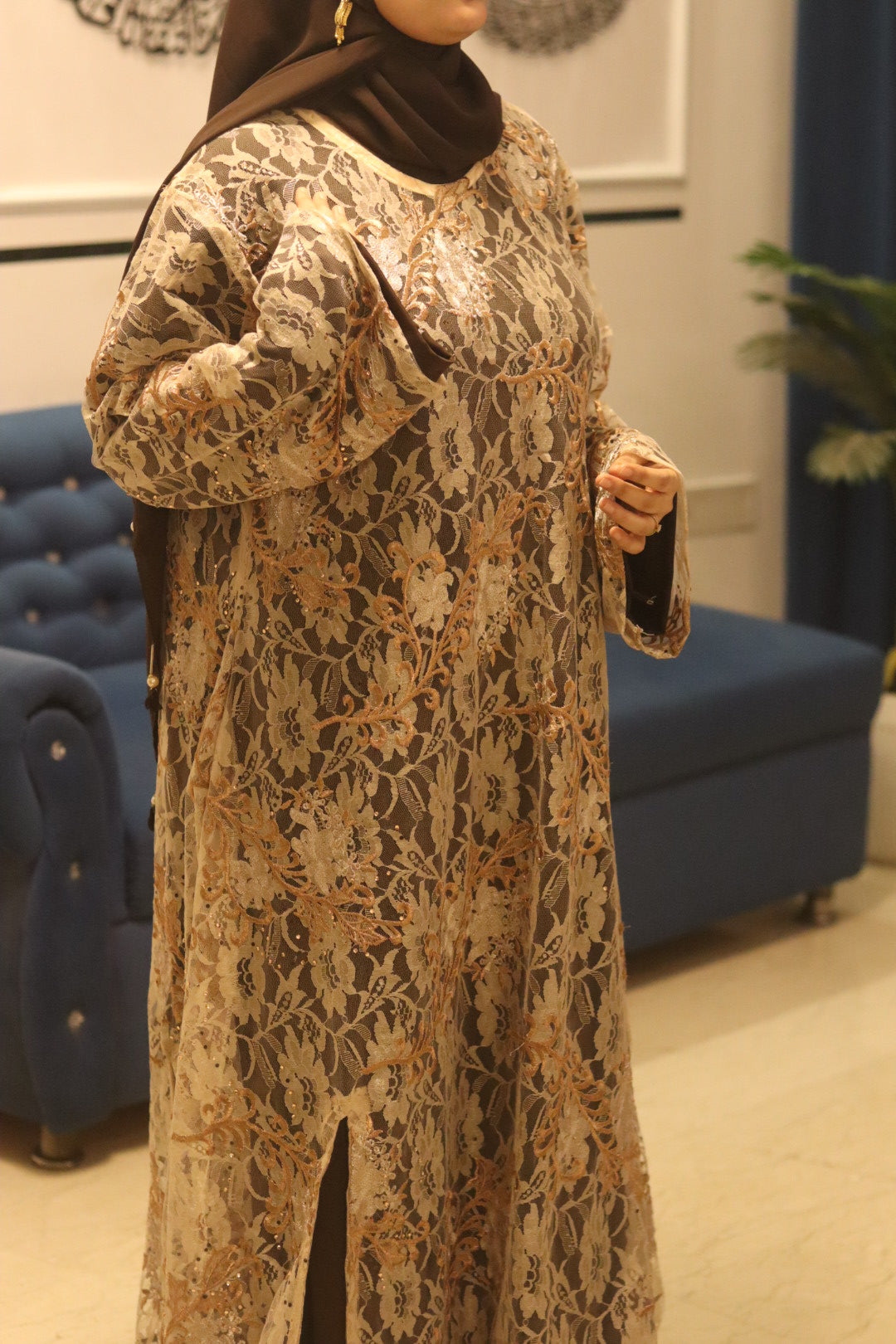 Net noir abaya- beige (with inner slit & hijab)