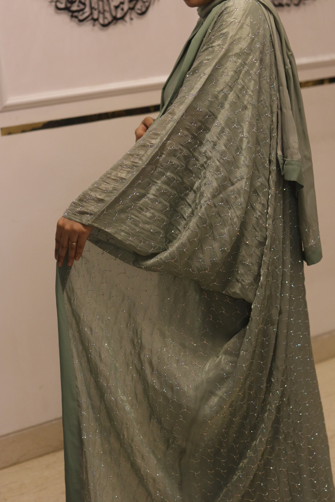 Pistachio tissue abaya set - with inner slit & matching organza hijab