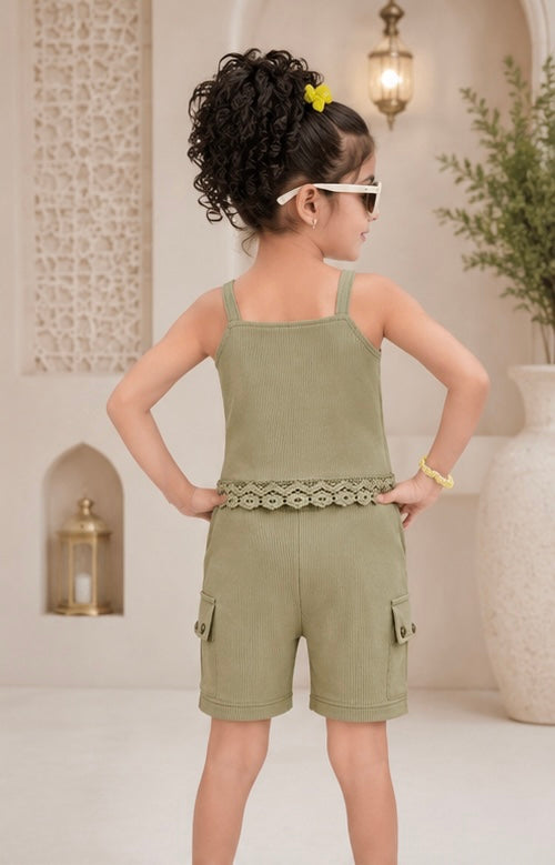 Olive Floral Top and Cargo Shorts Set- kids (5-15 years)