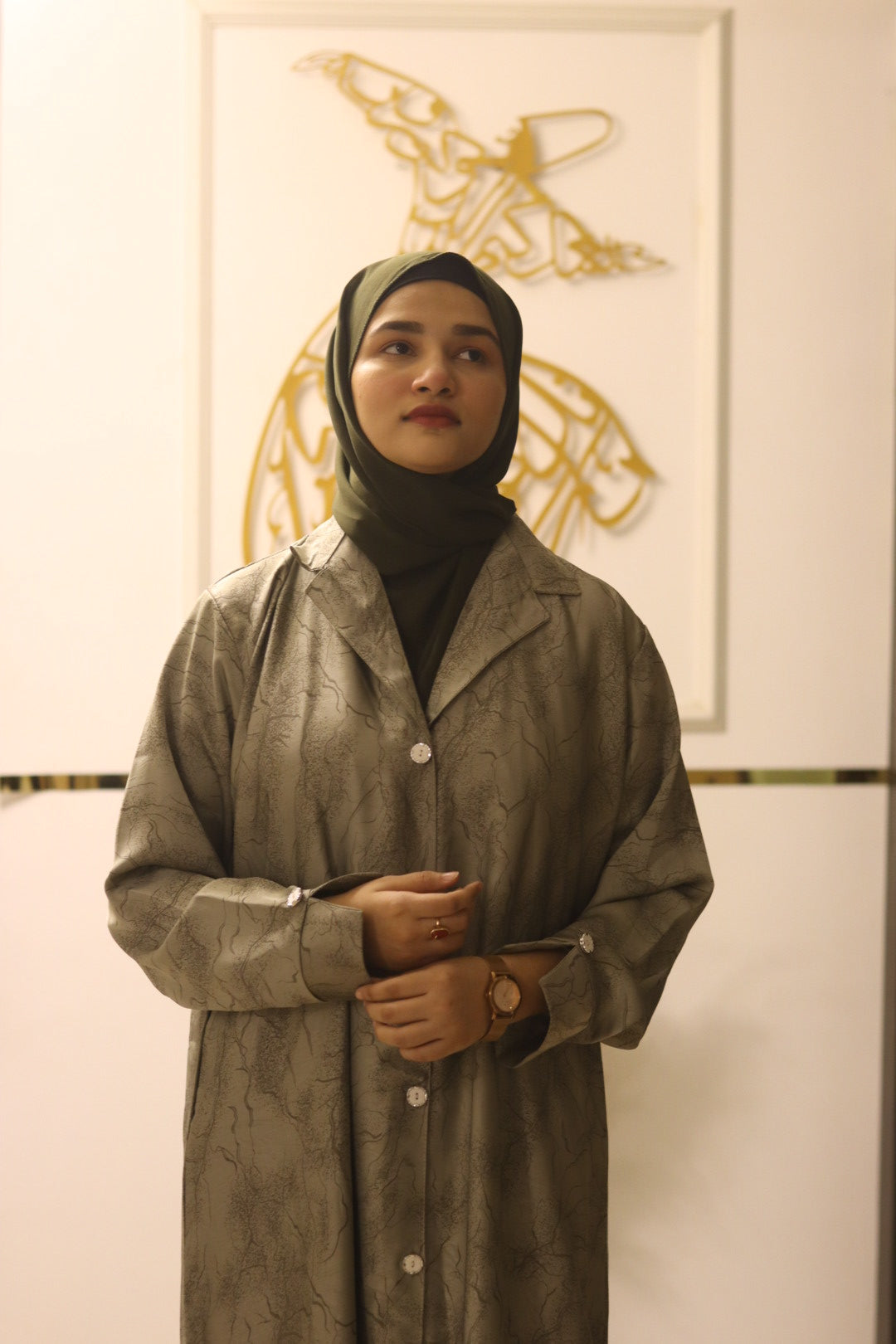 Printed Olive Coat Abaya -olive green (hijab included)