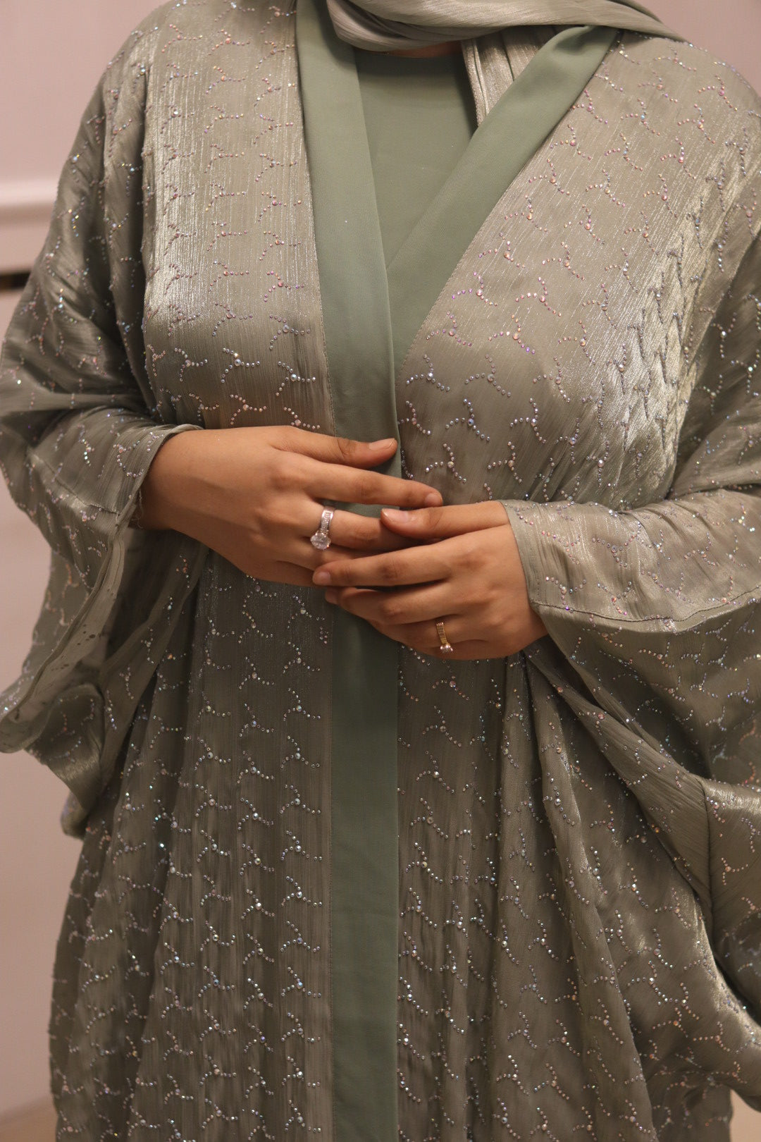 Pistachio tissue abaya set - with inner slit & matching organza hijab