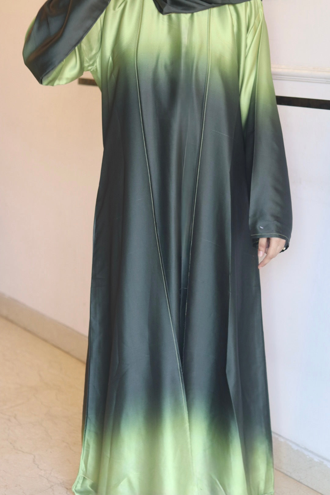 Jet green ombre abaya with matching hijab (with attached Inner Slit & Hijab)