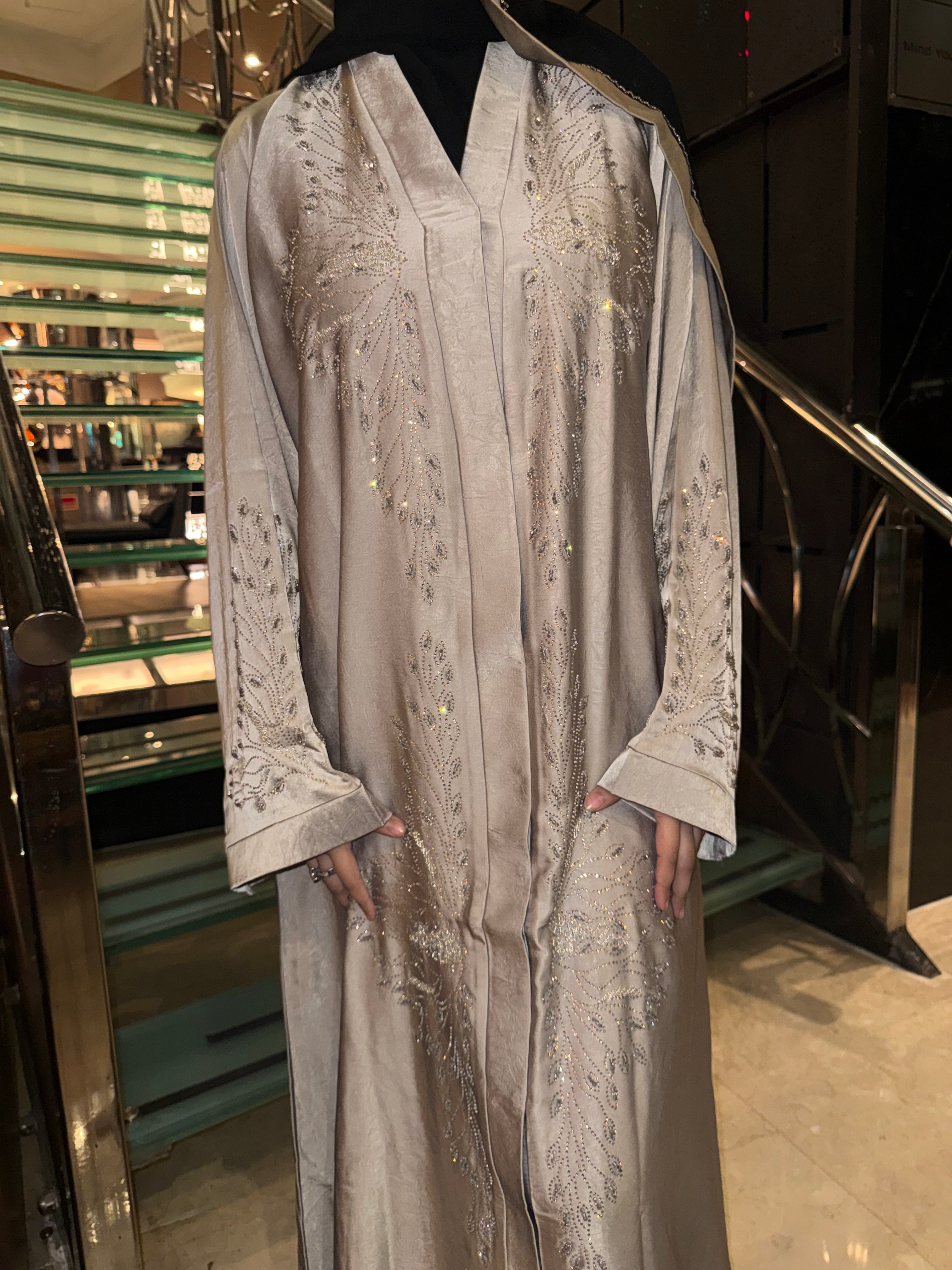 Luxe beige Rhinestone Abaya - (With hijab)