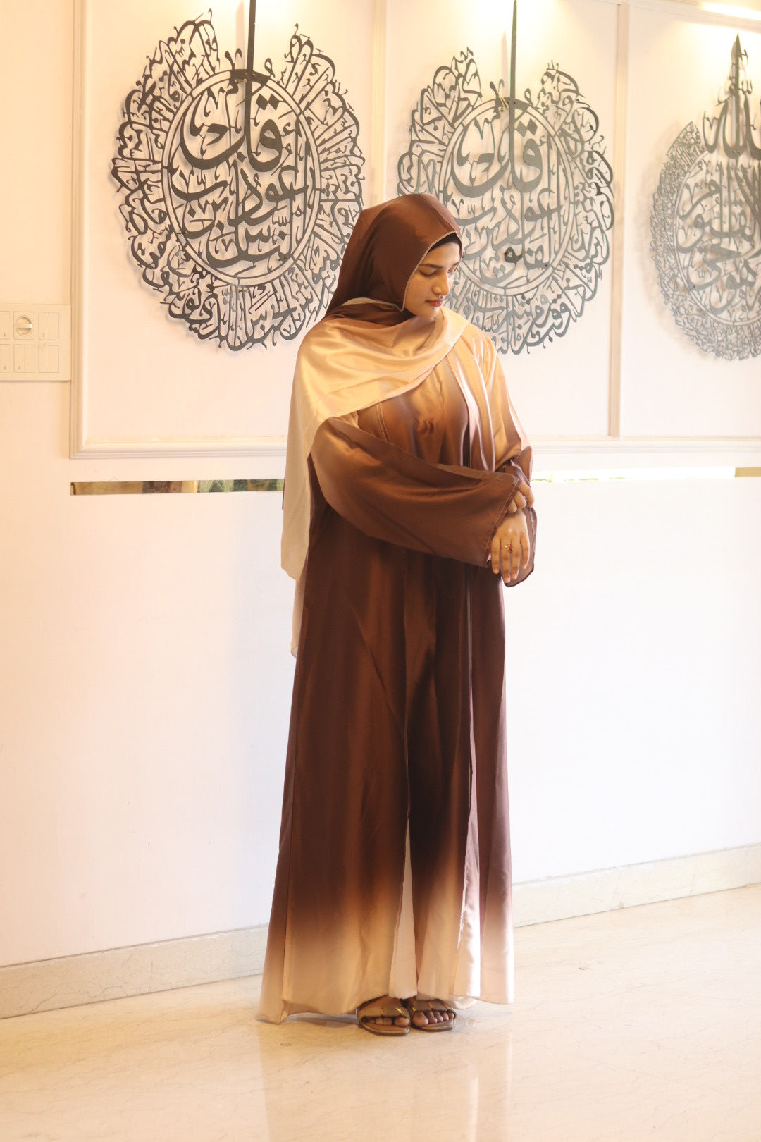 Brown ombre abaya with matching hijab (with attached Inner Slit & Hijab)