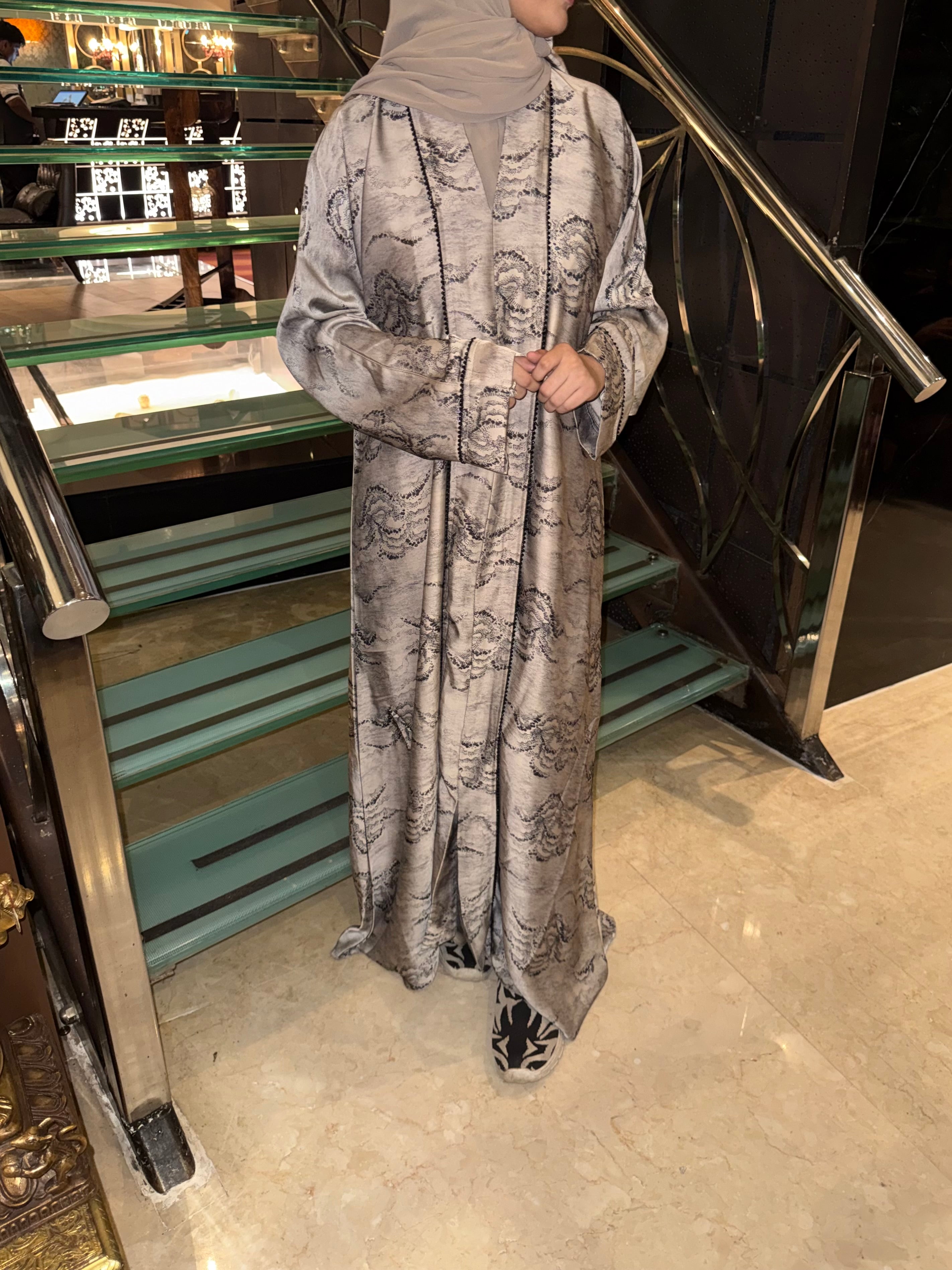 Beige Korean print Abaya - (hijab included)