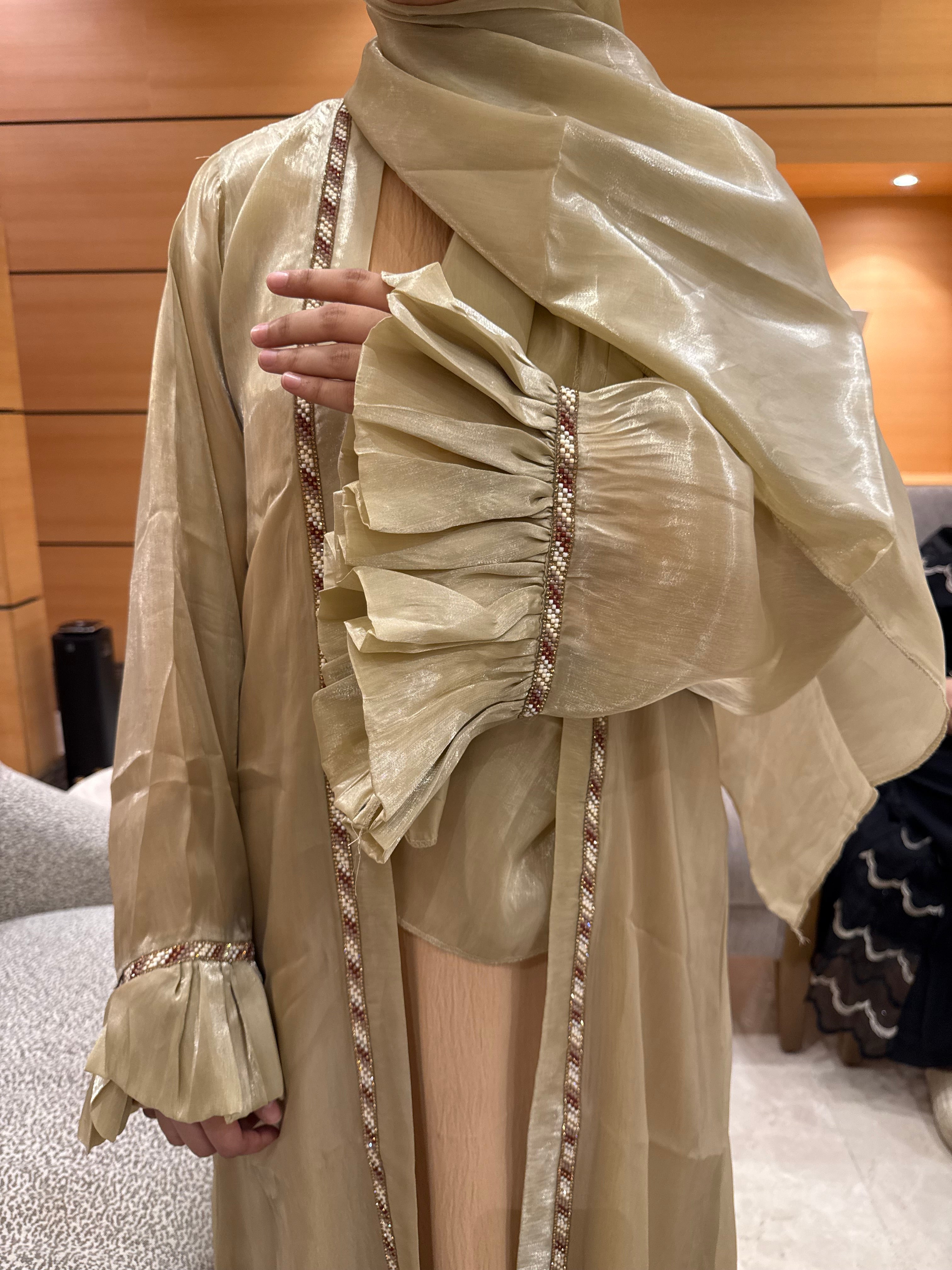 Beige metallic shrug set (with inner slit & Hijab)