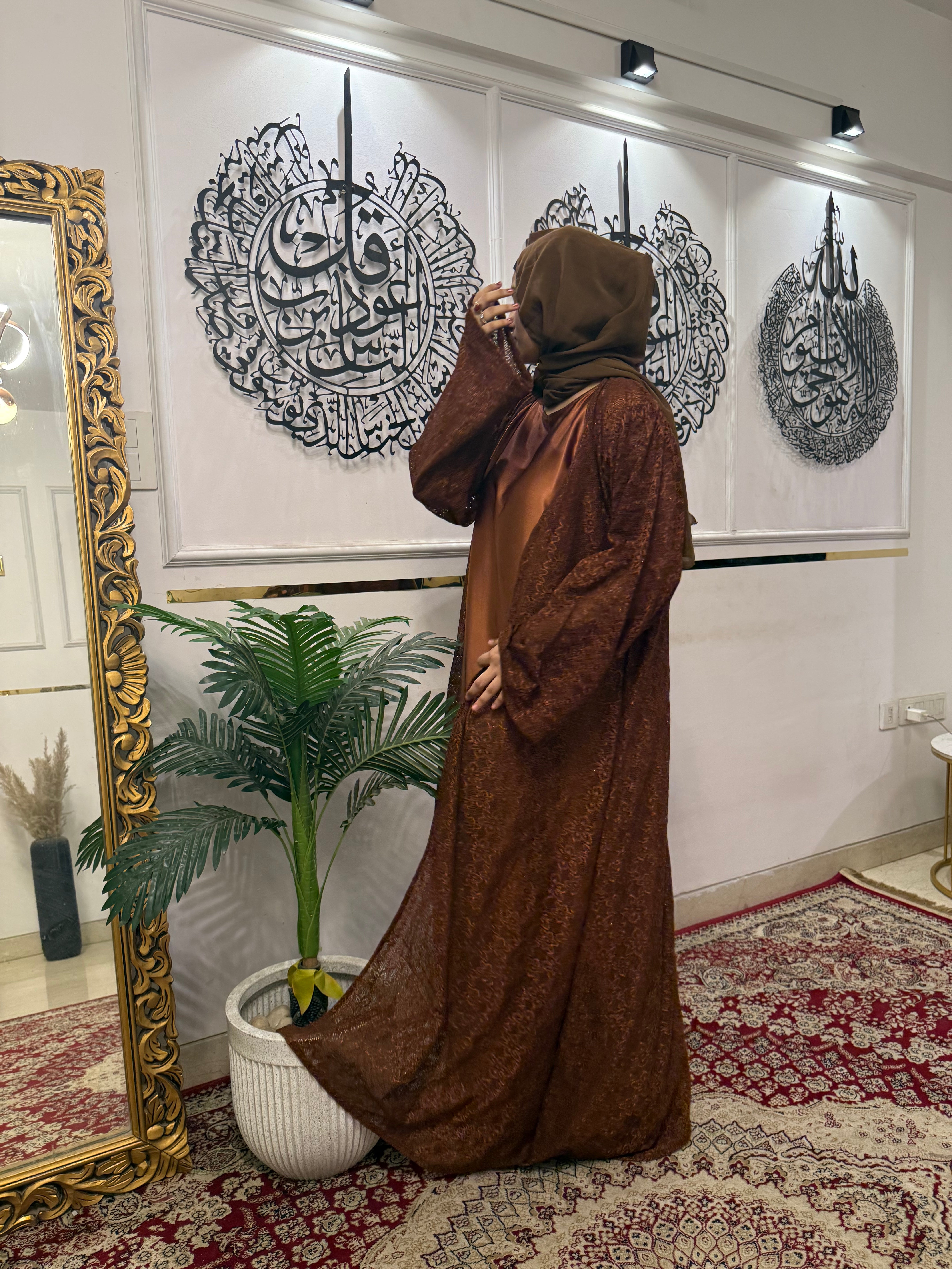Brown dreamy lace shrug Inner slit and hijab not included – Earthy Brown