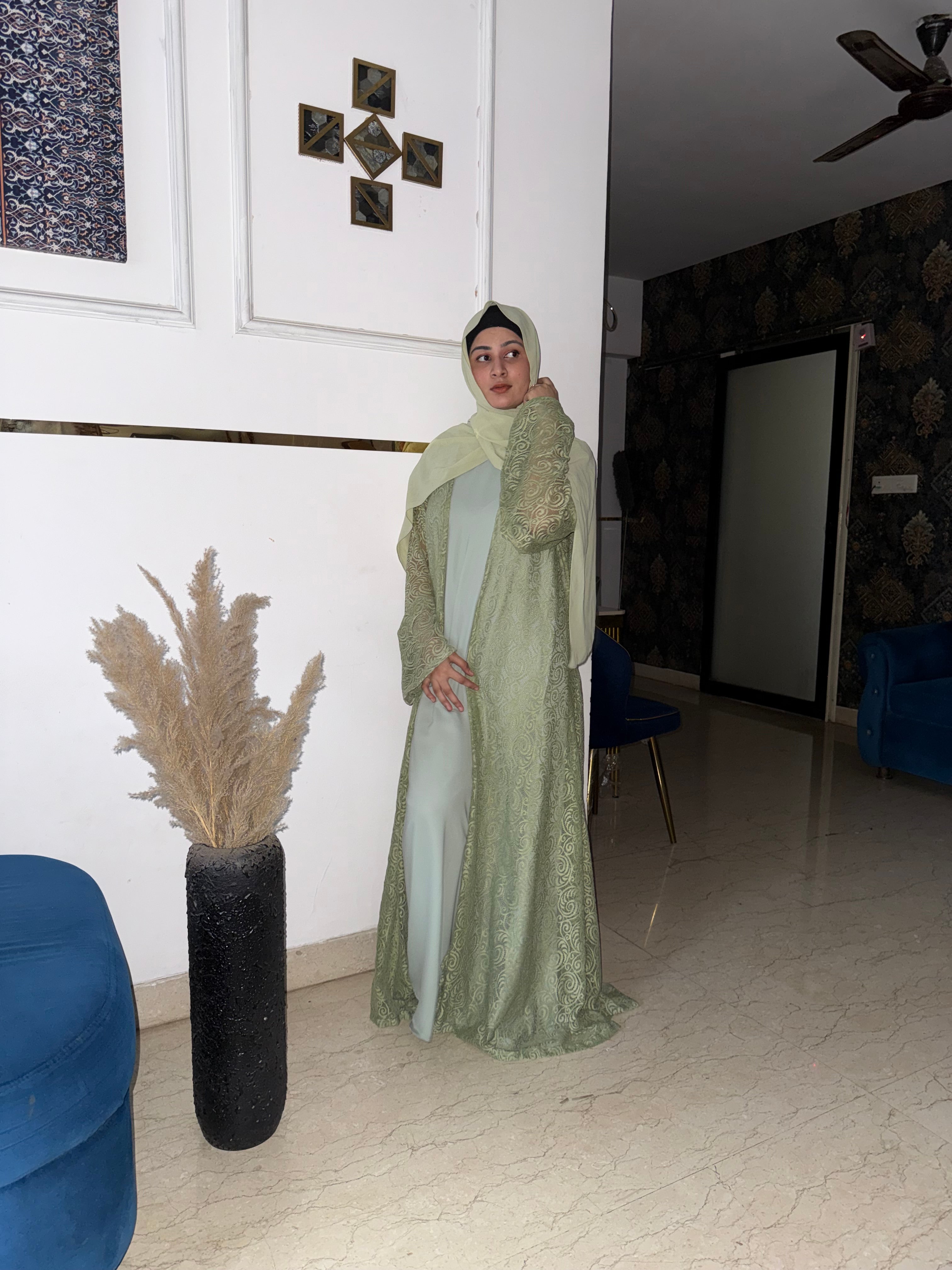 Luxury Sage Green shrug, Modest Evening Cardigan, Inner slit and hijab not included
