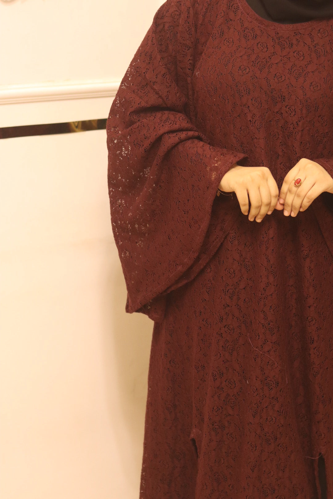Maroon cutwork abaya with inner slit & hijab