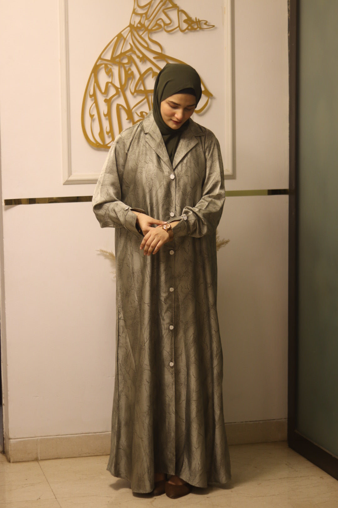 Printed Olive Coat Abaya -olive green (hijab included)