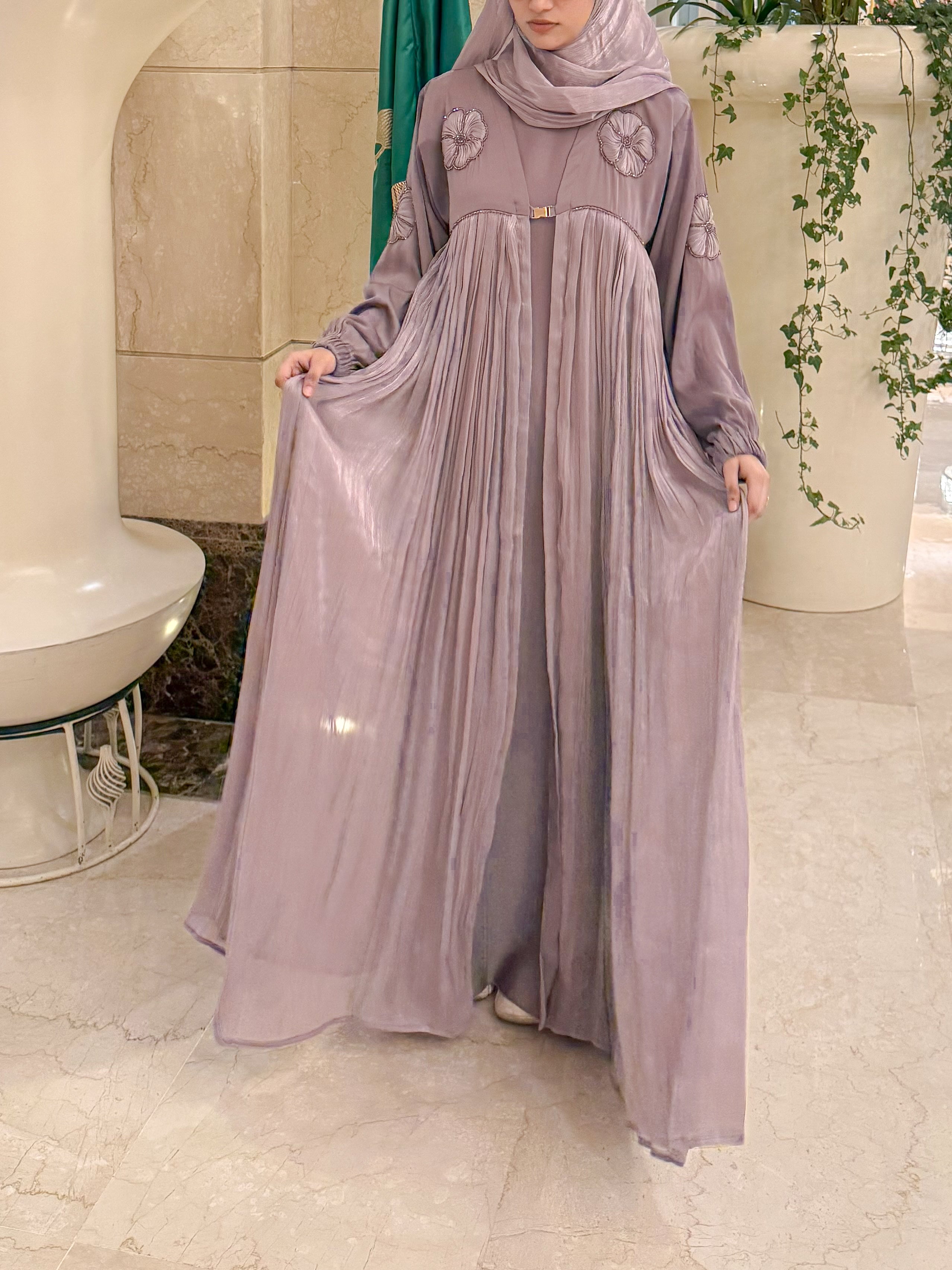 Elsa Abaya 2.0 Premium Full Set -Faded Purple (with Full Sleeves Inner Slit & Hijab)