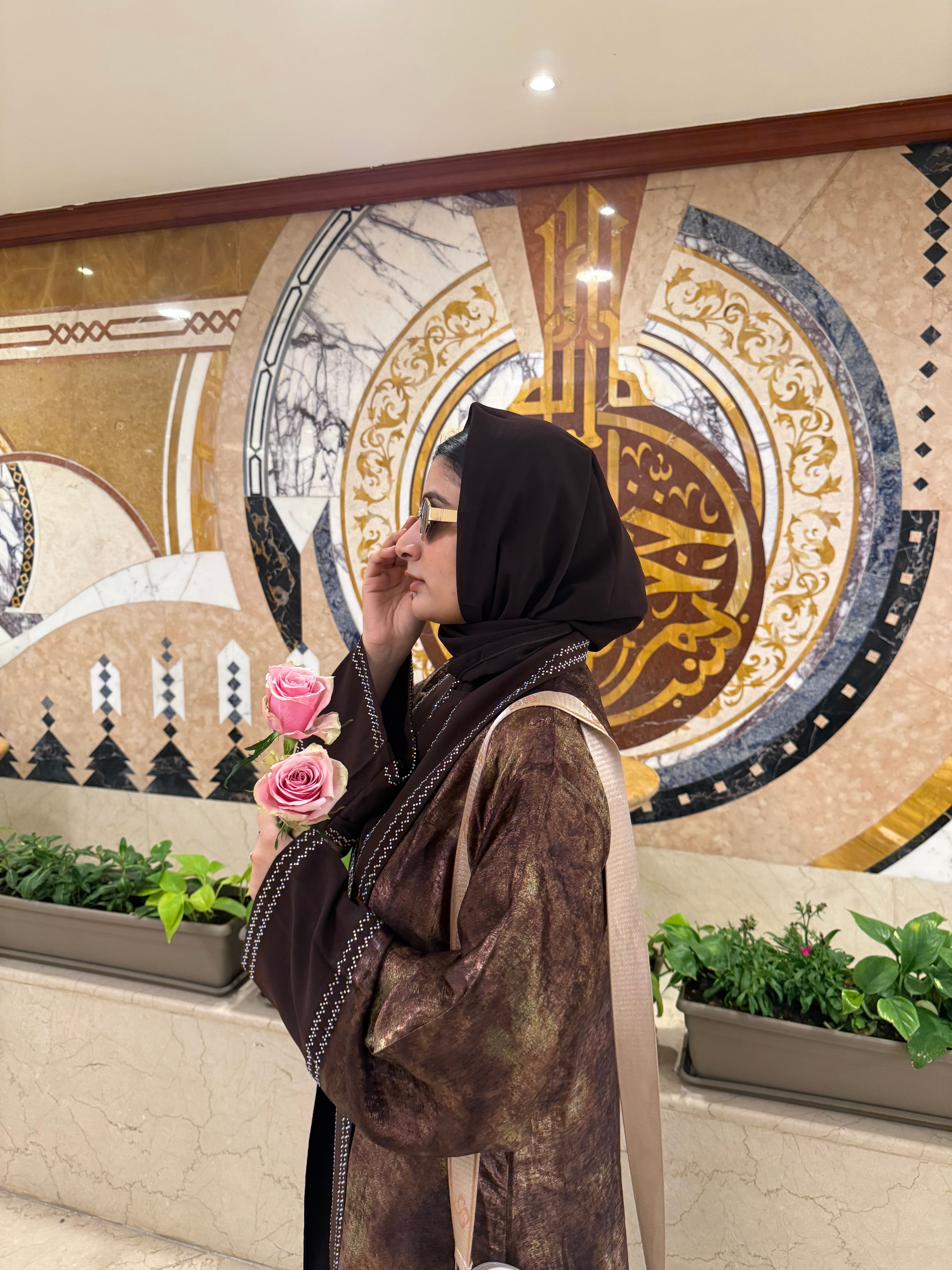 Shimmery Coco Abaya Premium Full Set -brown (with Inner Slit & Hijab)