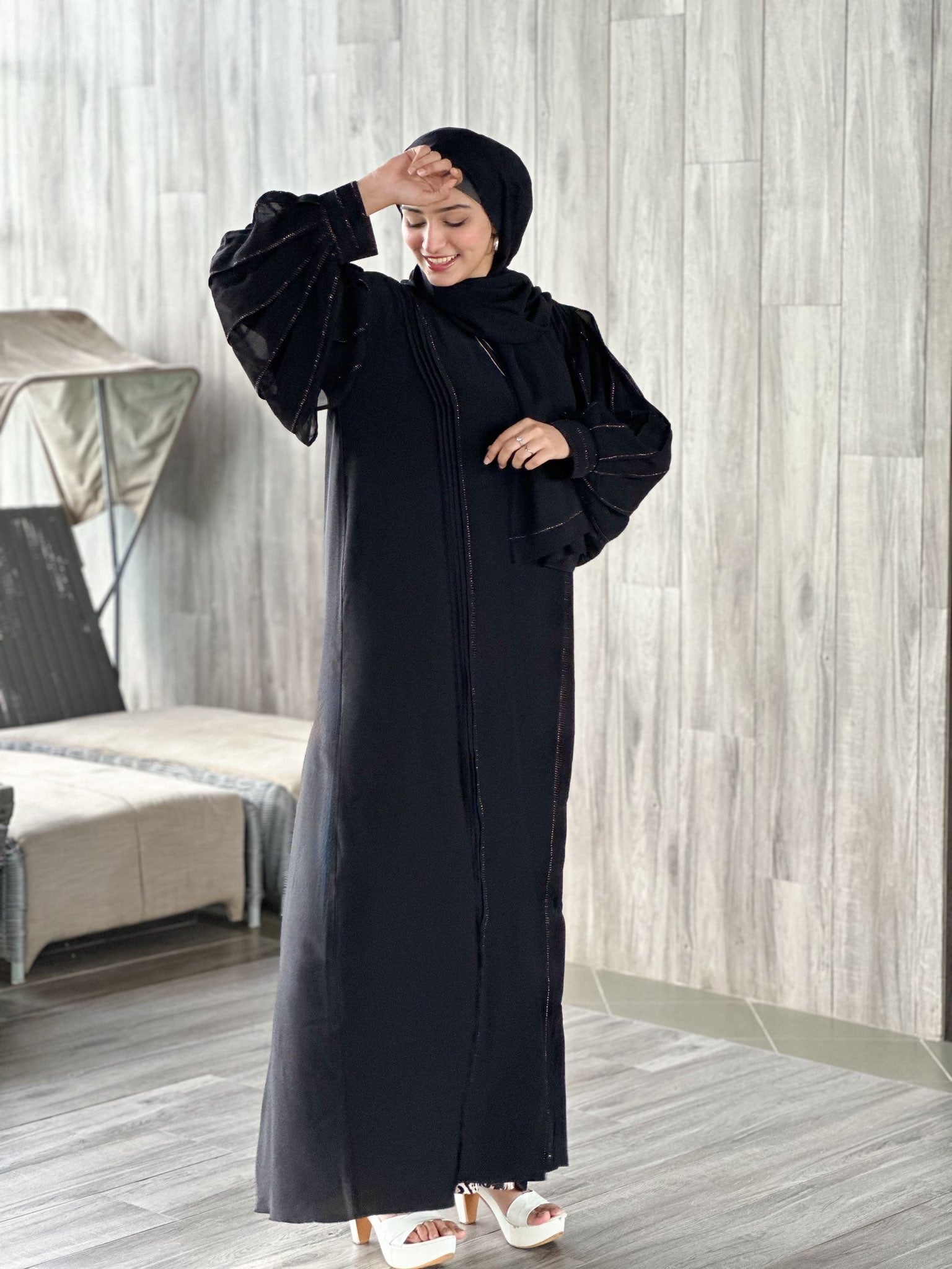 Premium Balloon Sleeves Abaya - Black (With Hijab)