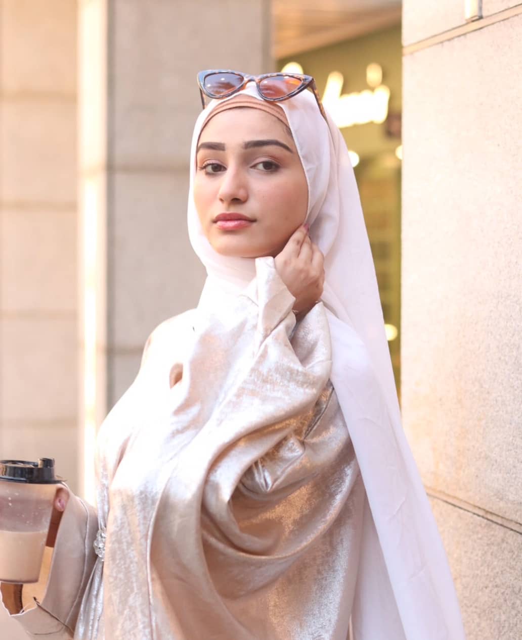 Cream shimmer Abaya (with hijab)