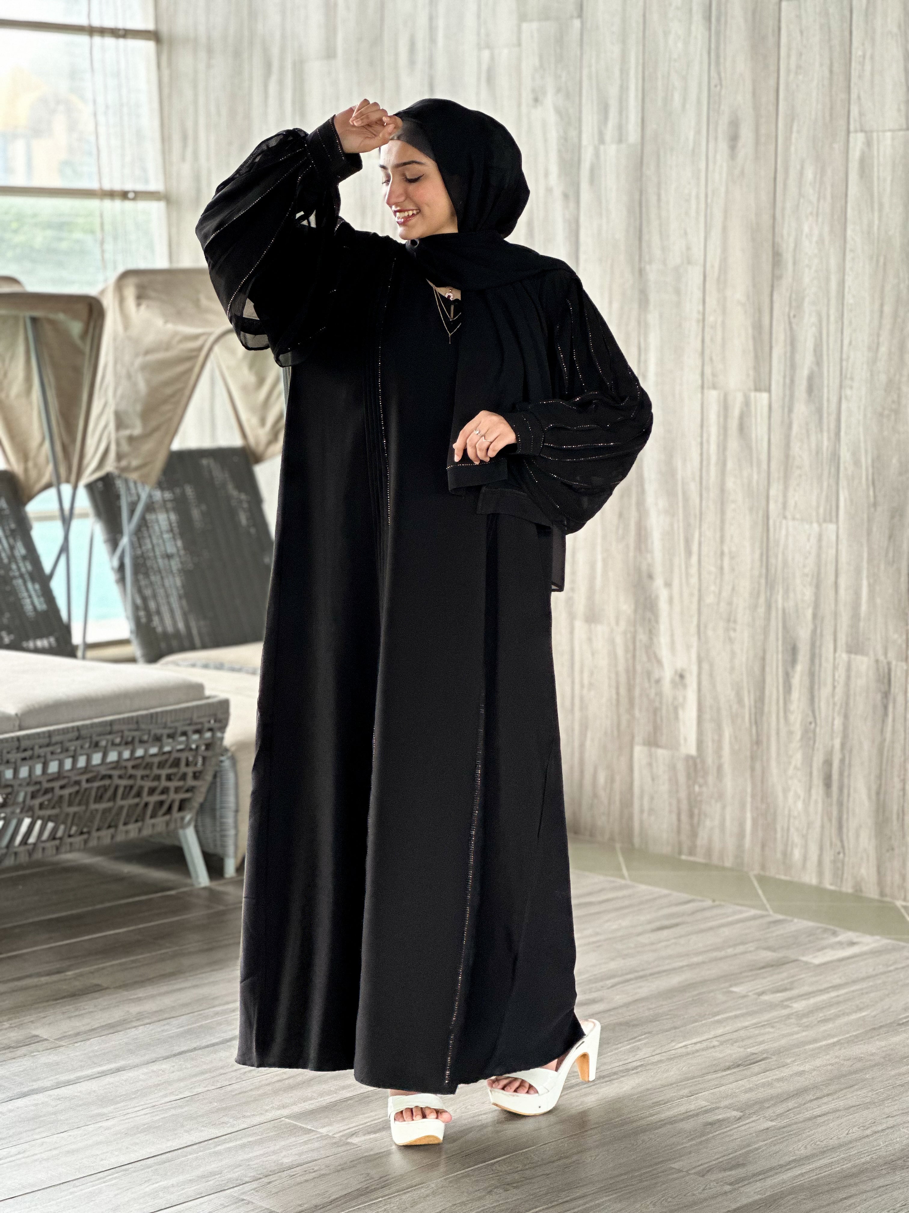 Premium Balloon Sleeves Abaya - Black (With Hijab)