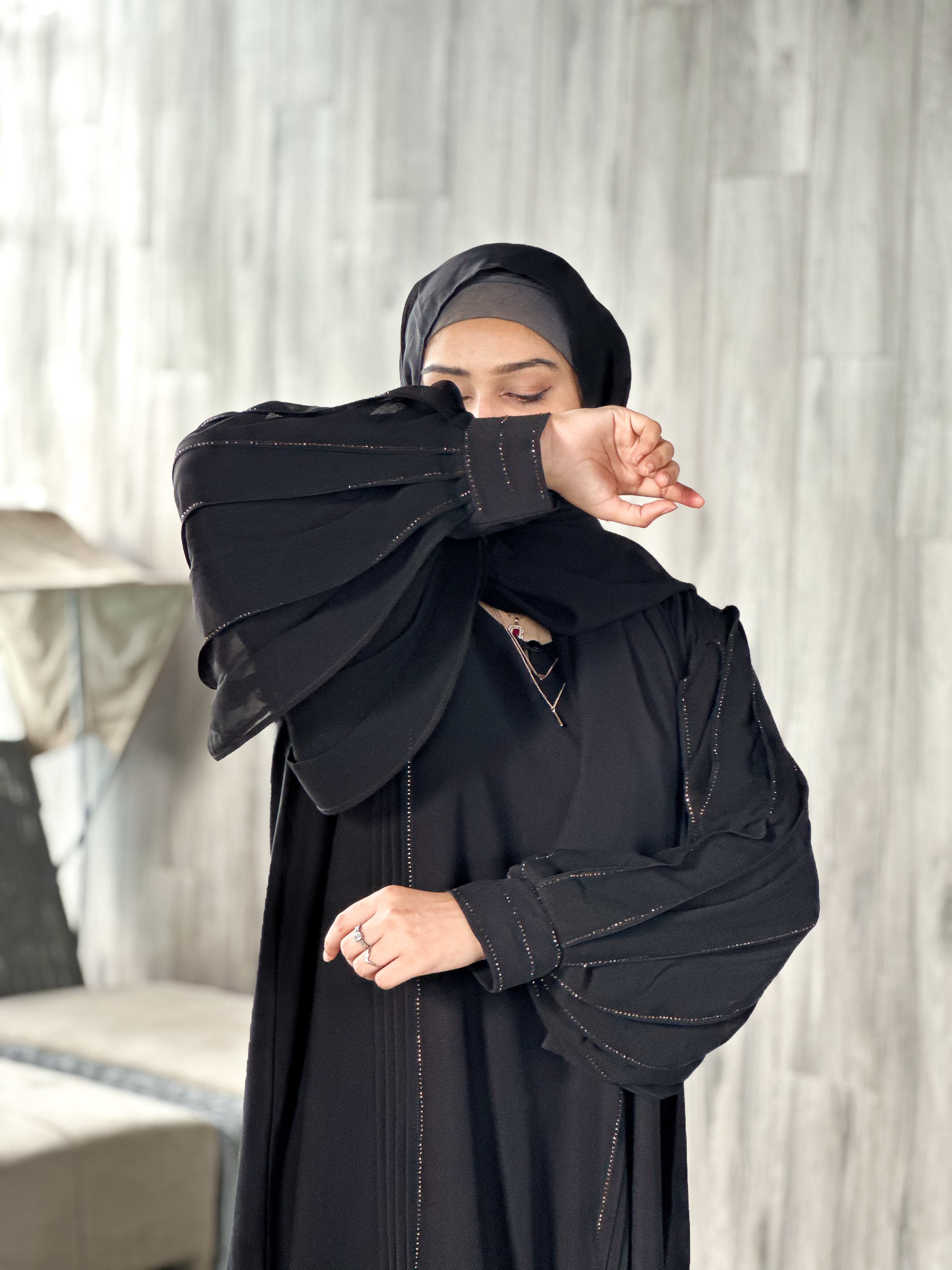 Premium Balloon Sleeves Abaya - Black (With Hijab)