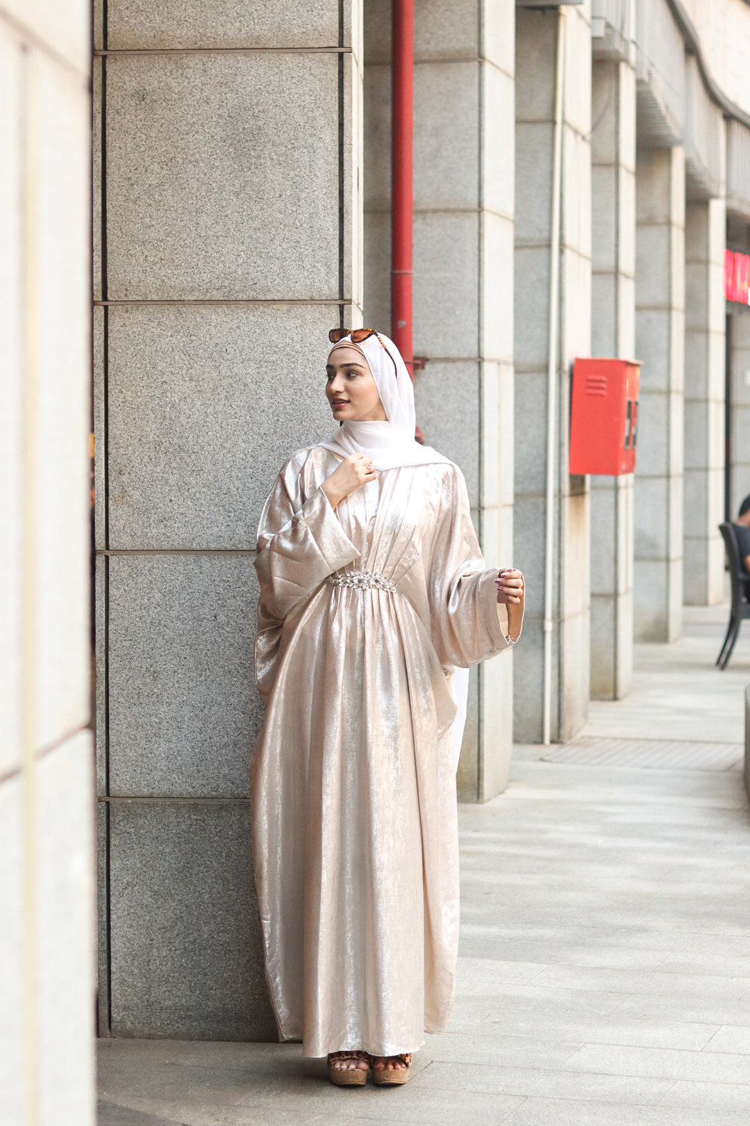 Cream shimmer Abaya (with hijab)