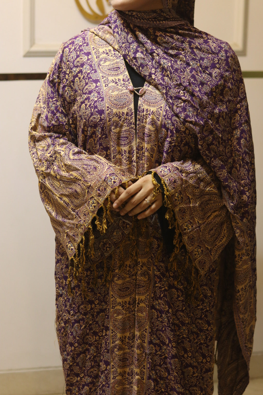 Royal Pashmina Style Abaya Set with Matching Hijab – Purple & Gold