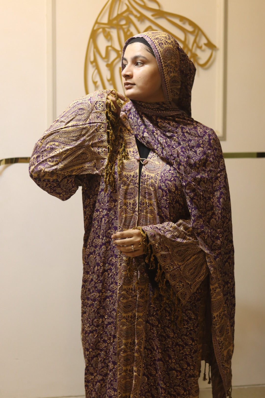 Royal Pashmina Style Abaya Set with Matching Hijab – Purple & Gold