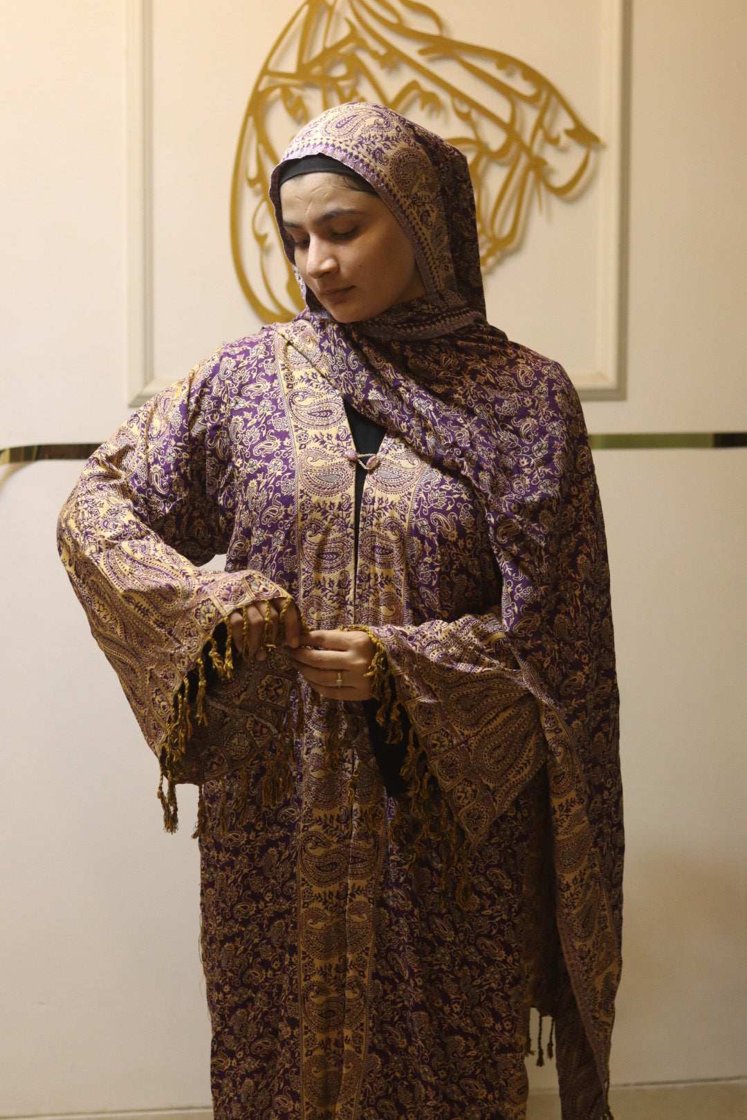 Royal Pashmina Style Abaya Set with Matching Hijab – Purple & Gold