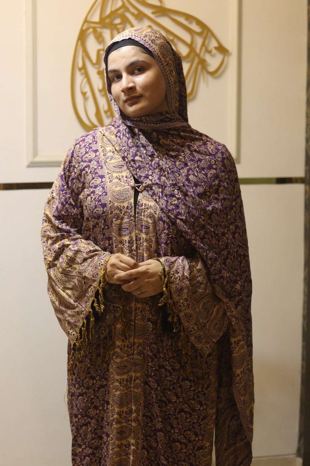 Royal Pashmina Style Abaya Set with Matching Hijab – Purple & Gold