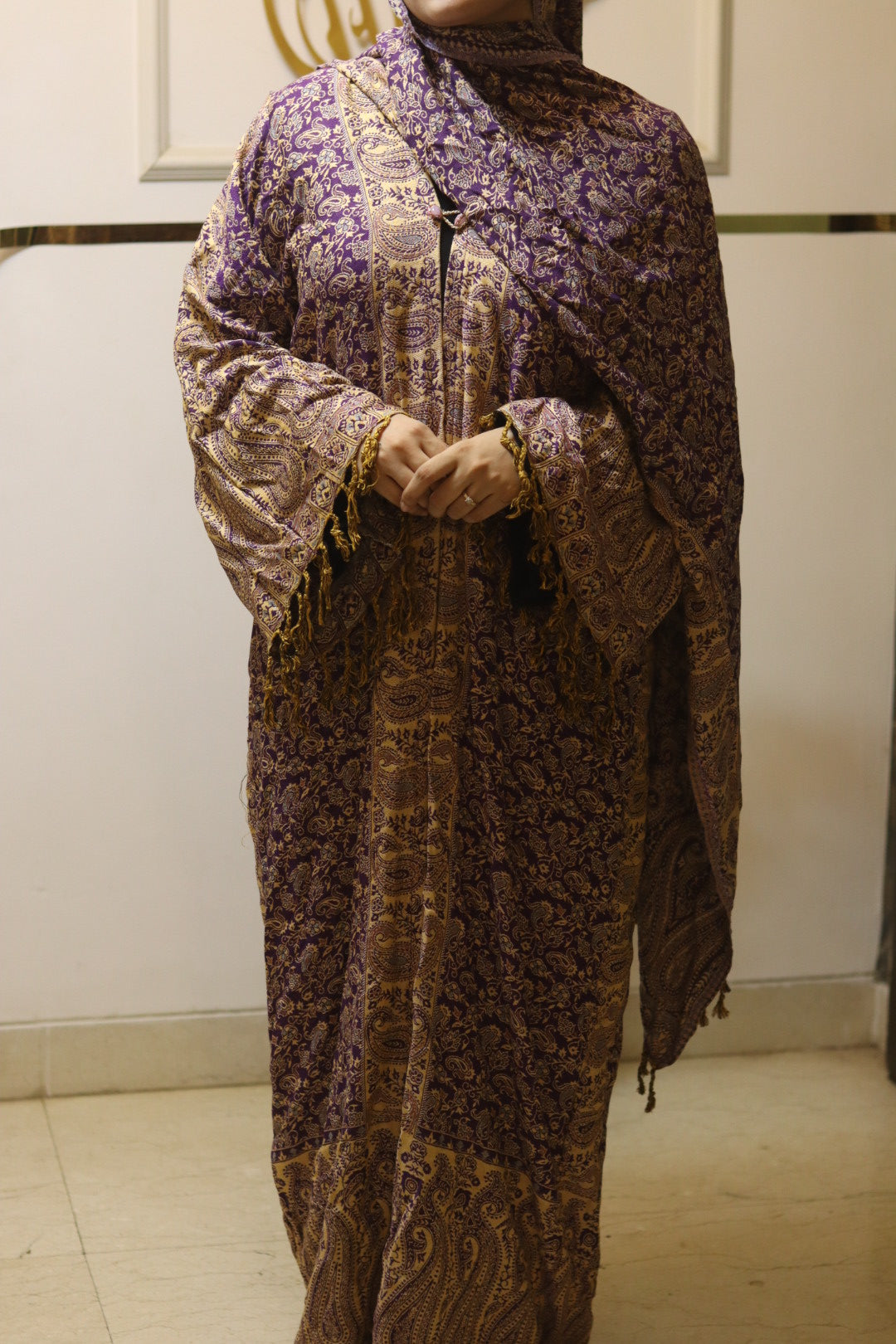 Royal Pashmina Style Abaya Set with Matching Hijab – Purple & Gold