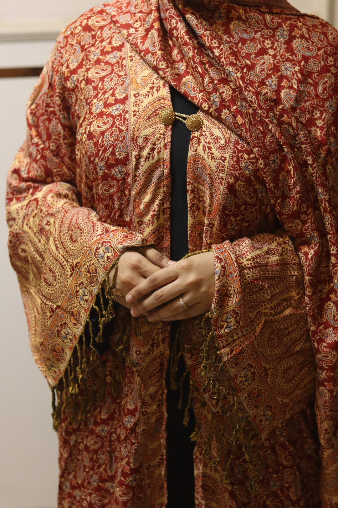 Luxury Pashmina Pattern Front Open Abaya with matching Hijab - Burgundy