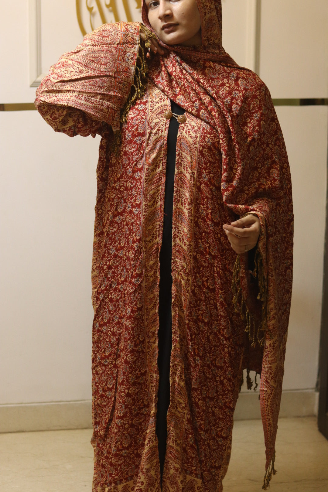 Luxury Pashmina Pattern Front Open Abaya with matching Hijab - Burgundy