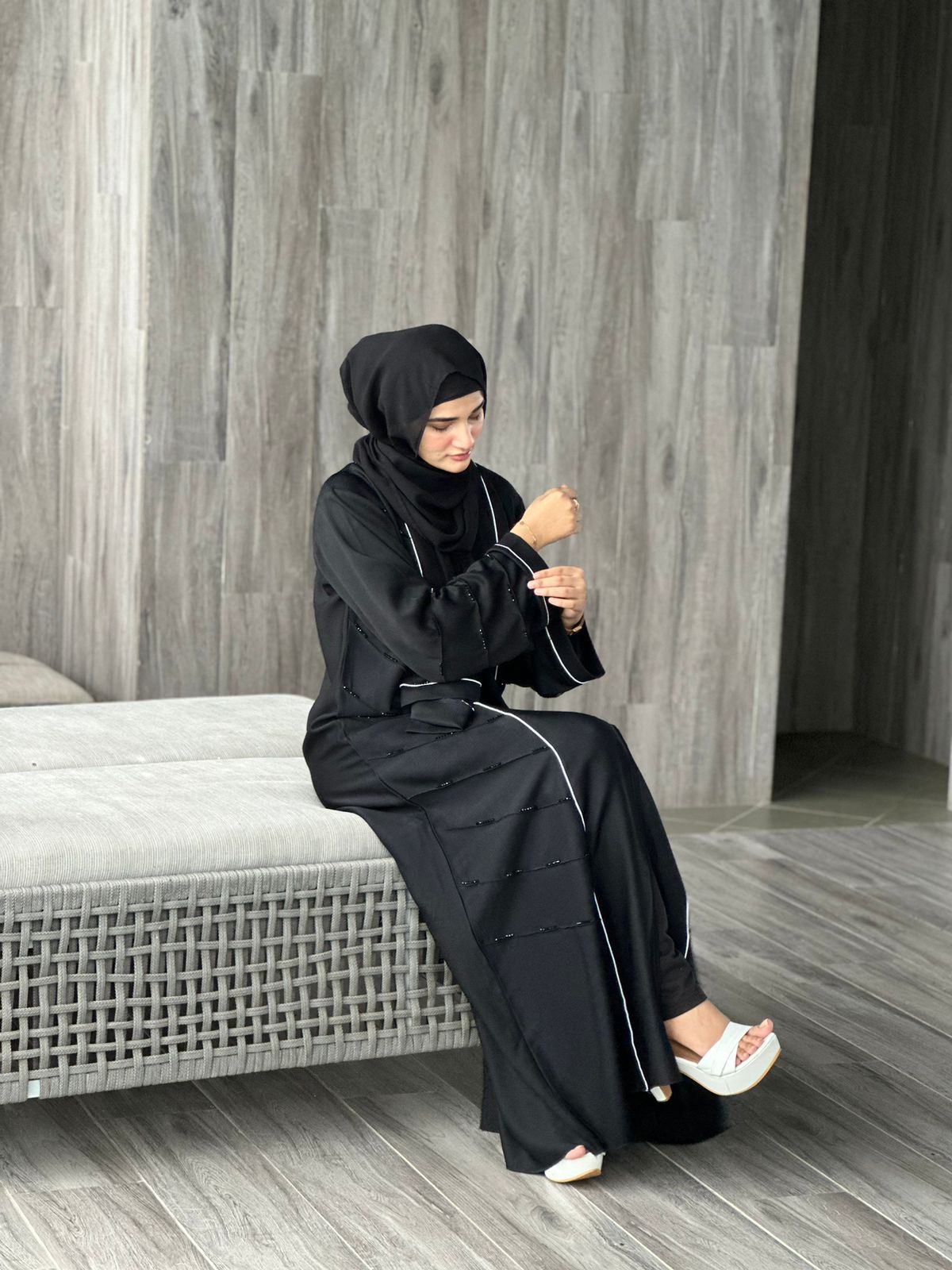 Zarah Diamond Handwork Abaya- Black (with hijab)