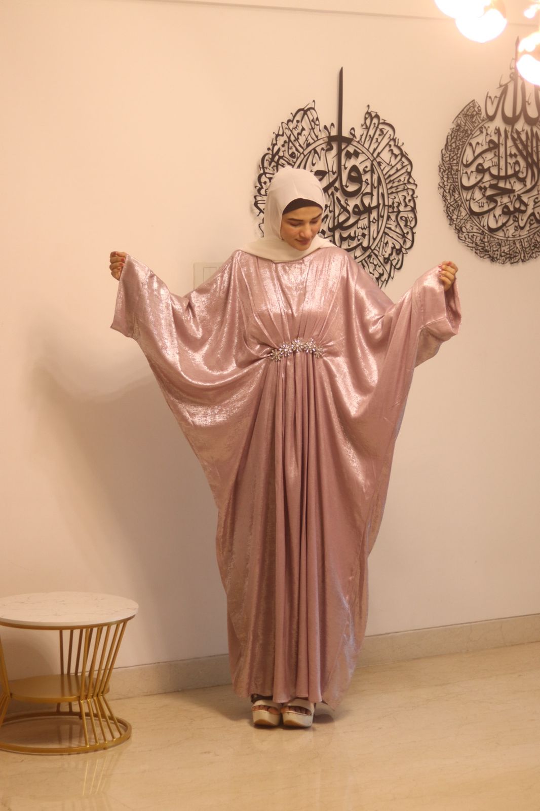Pink shimmer Abaya (with hijab)