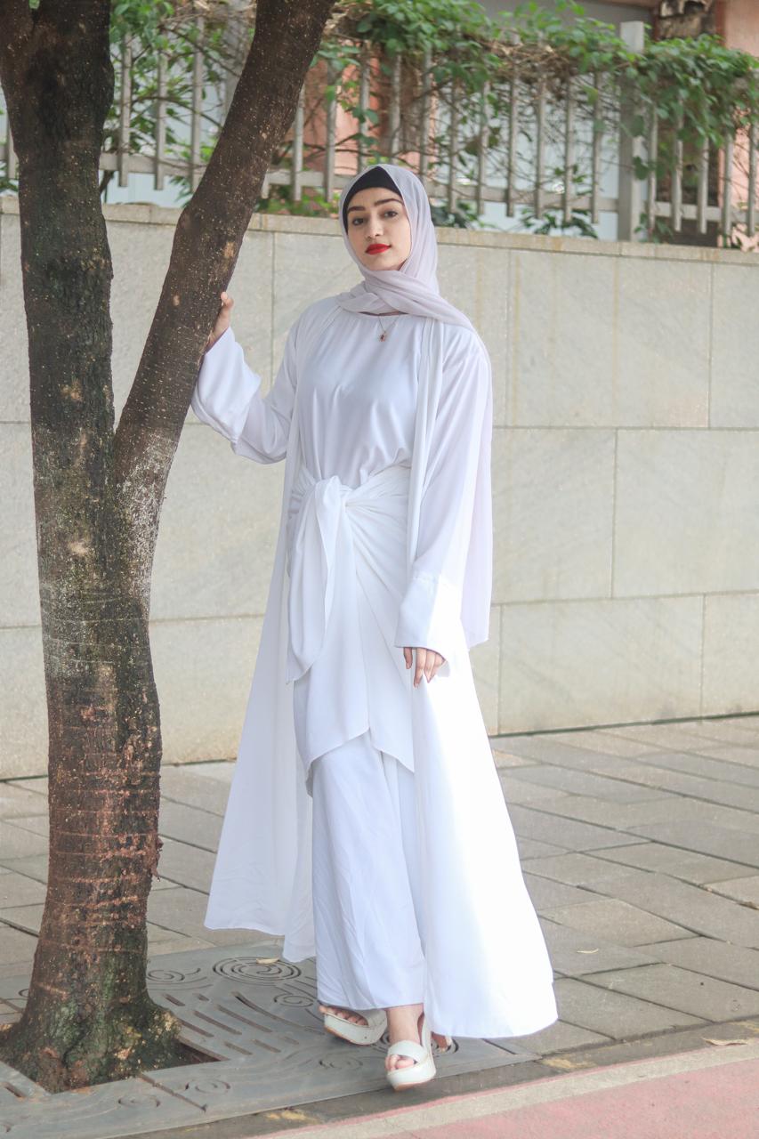 Mermaid Tie-Up Abaya - White (With Hijab)