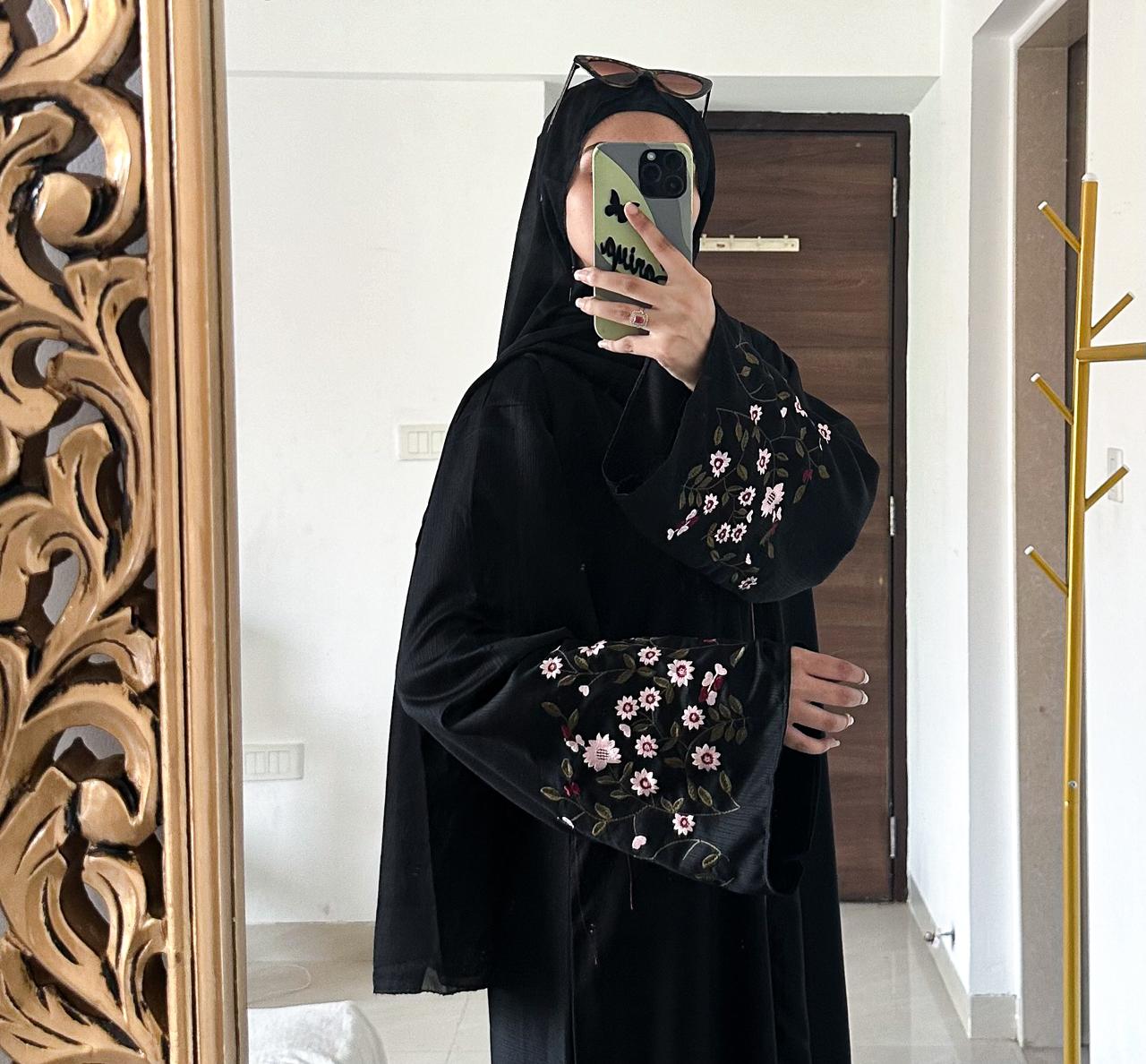 Floral Bloom Abaya - Black (With Hijab)