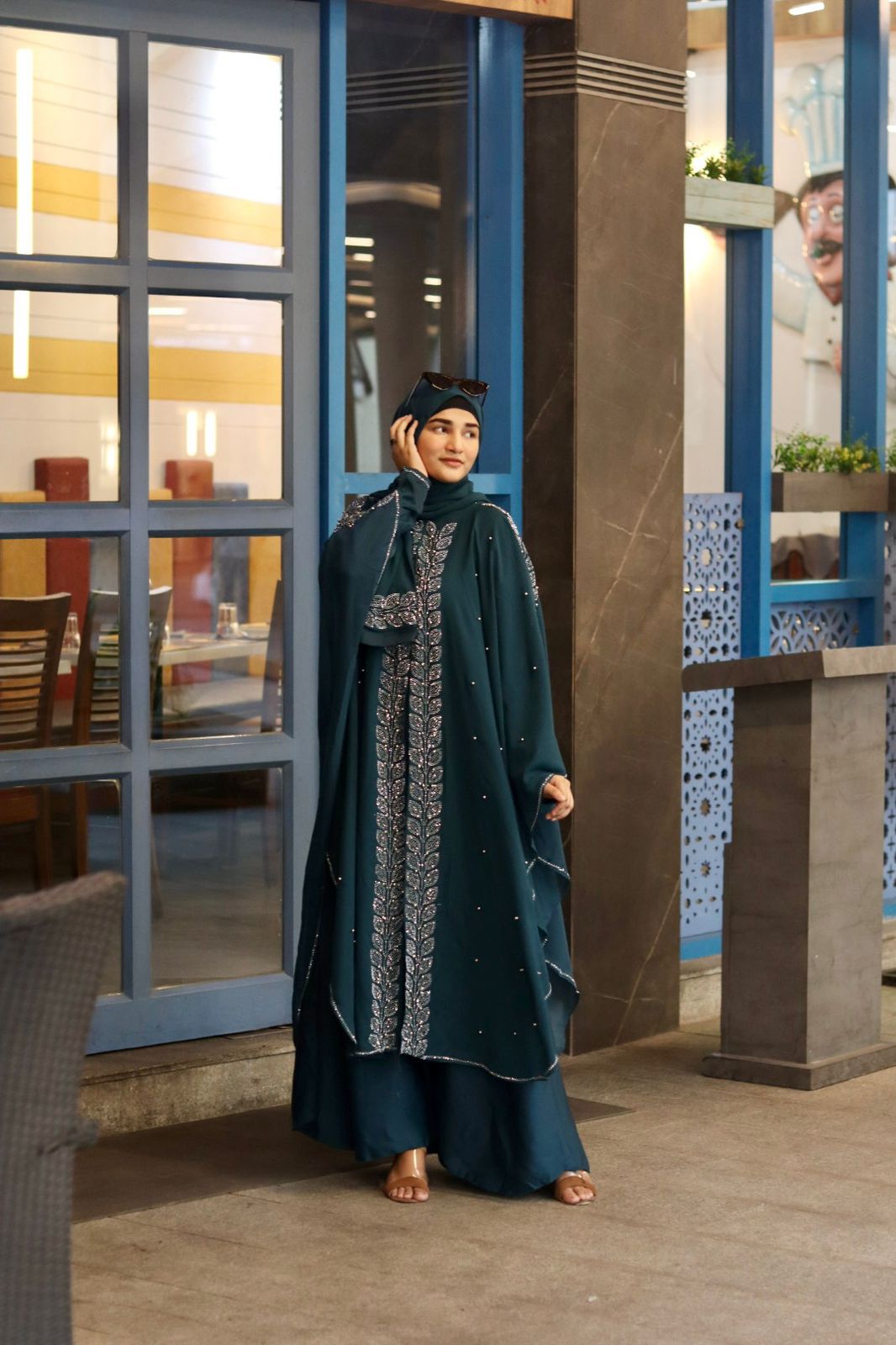 Noorain Stonework Abaya - Teal (with Hijab)