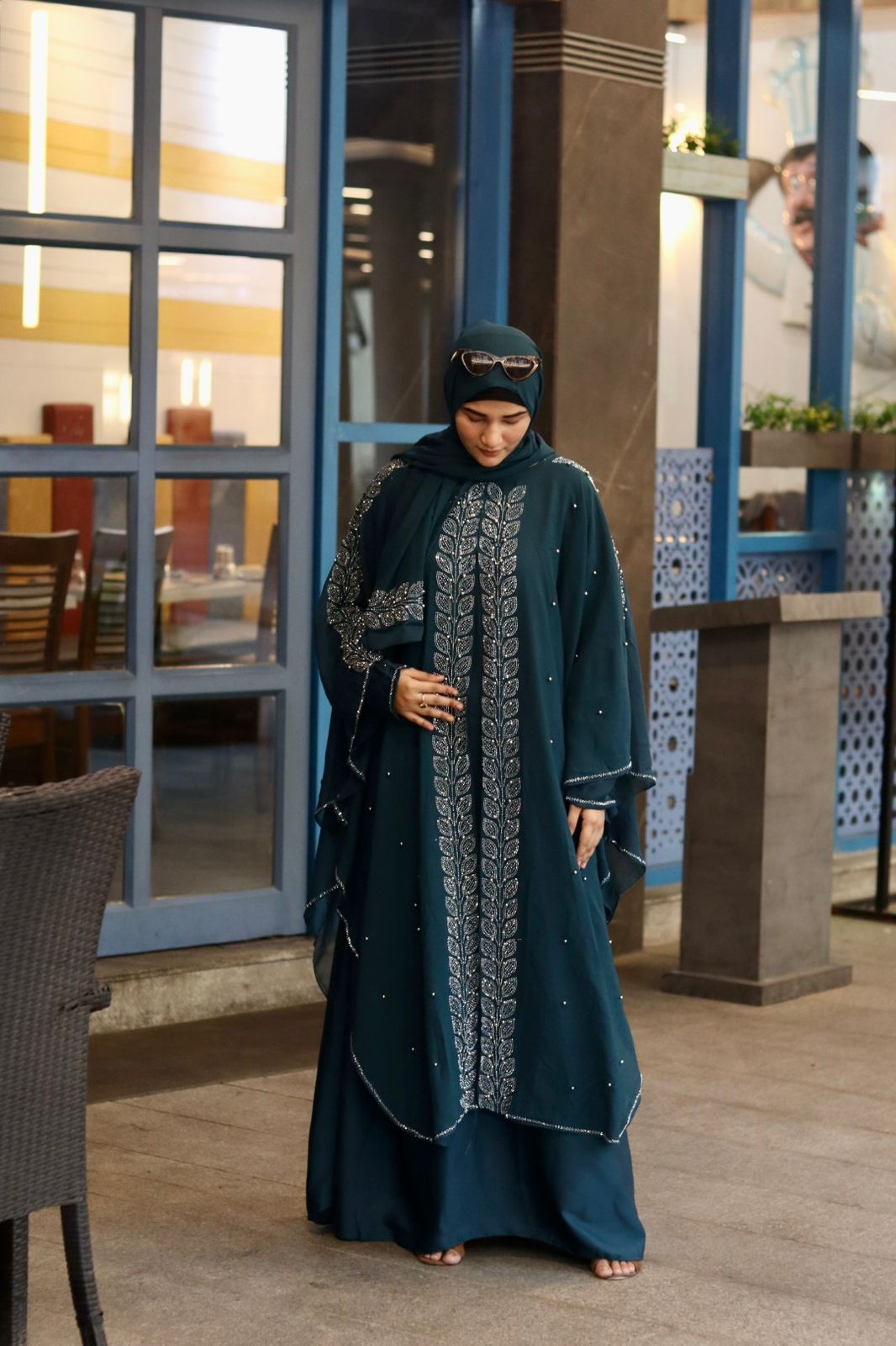 Noorain Stonework Abaya - Teal (with Hijab)