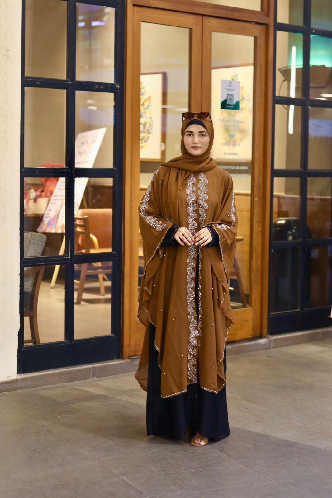 Noorain Stonework Abaya - Brown (with Hijab)