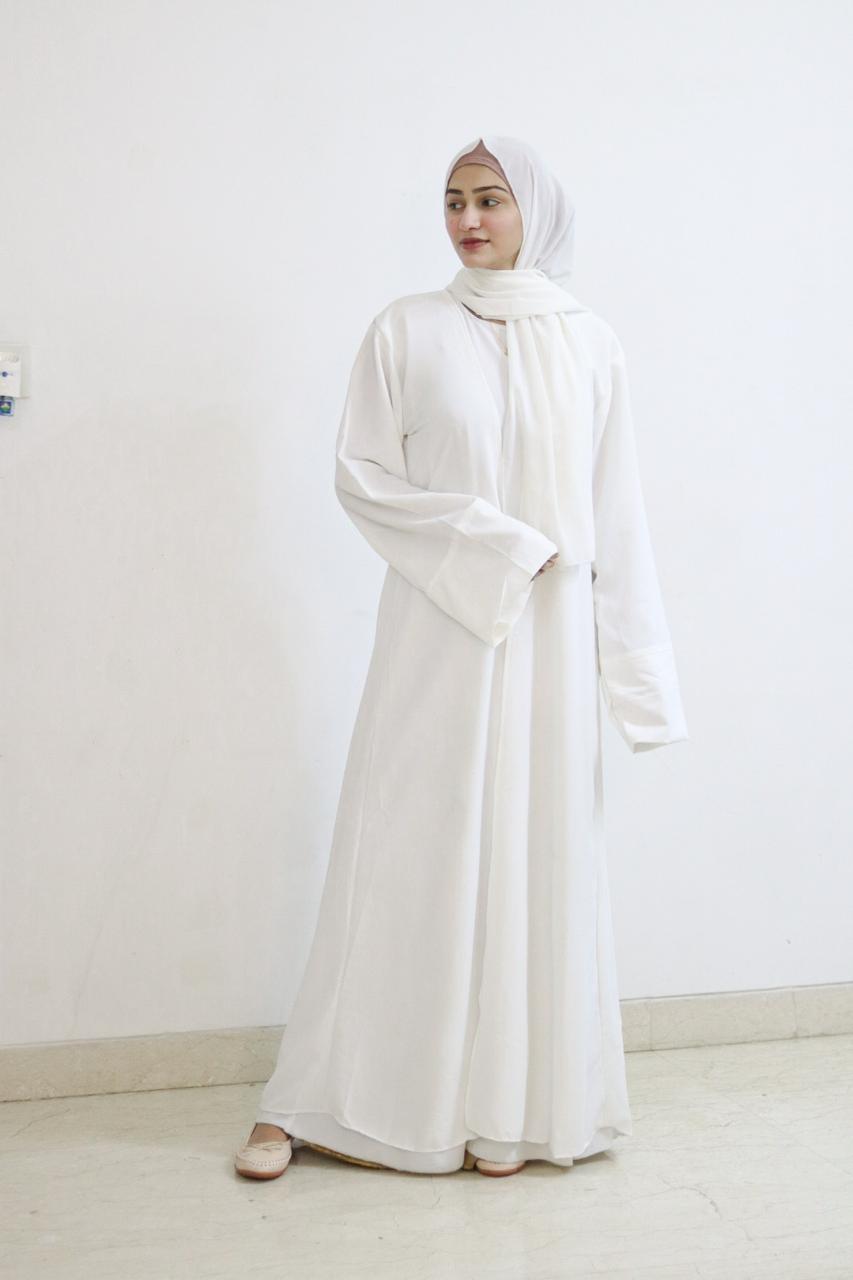 Pure White Umrah  Abaya (With inner slit, shrug & Hijab)